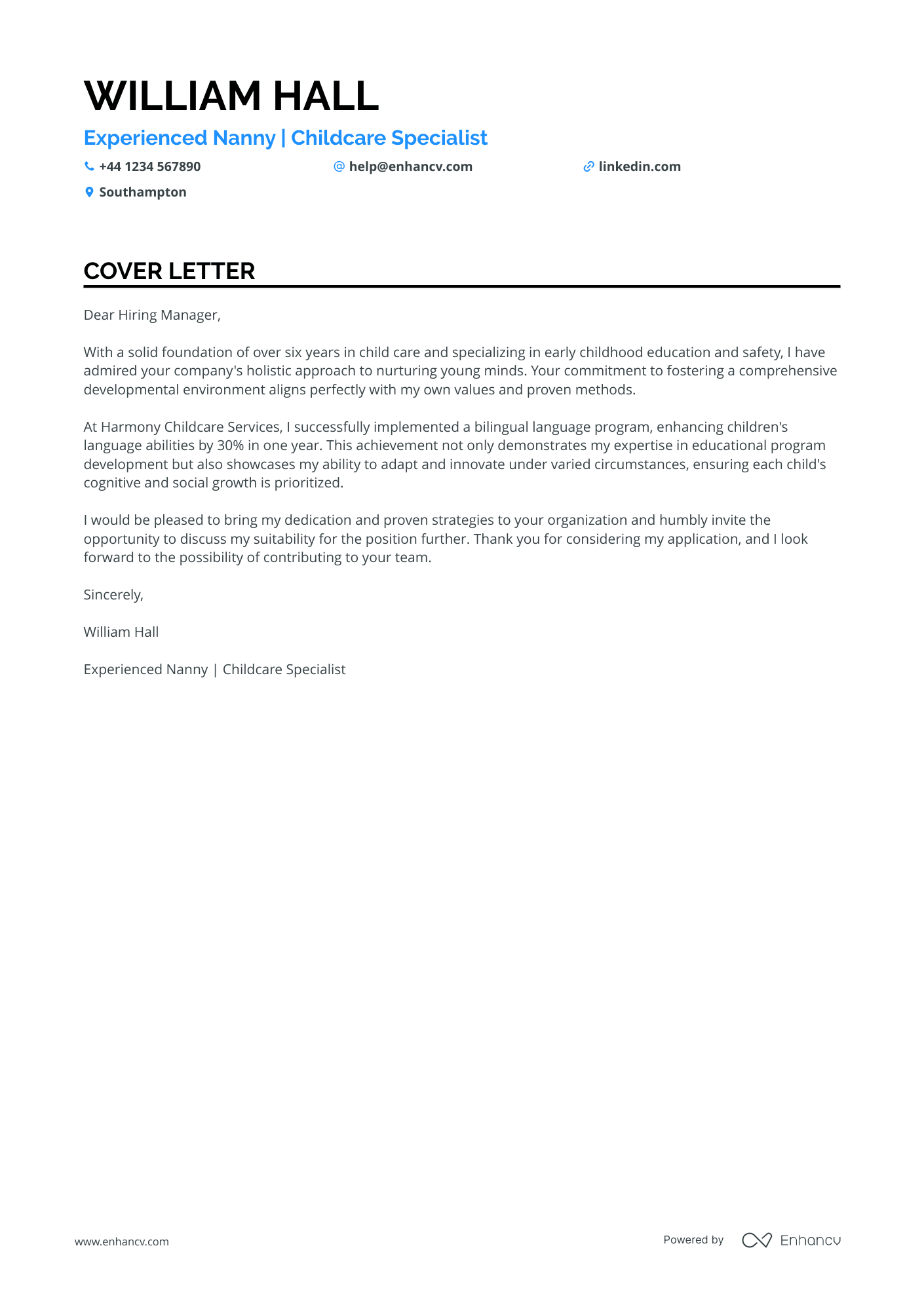 Nanny cover letter example