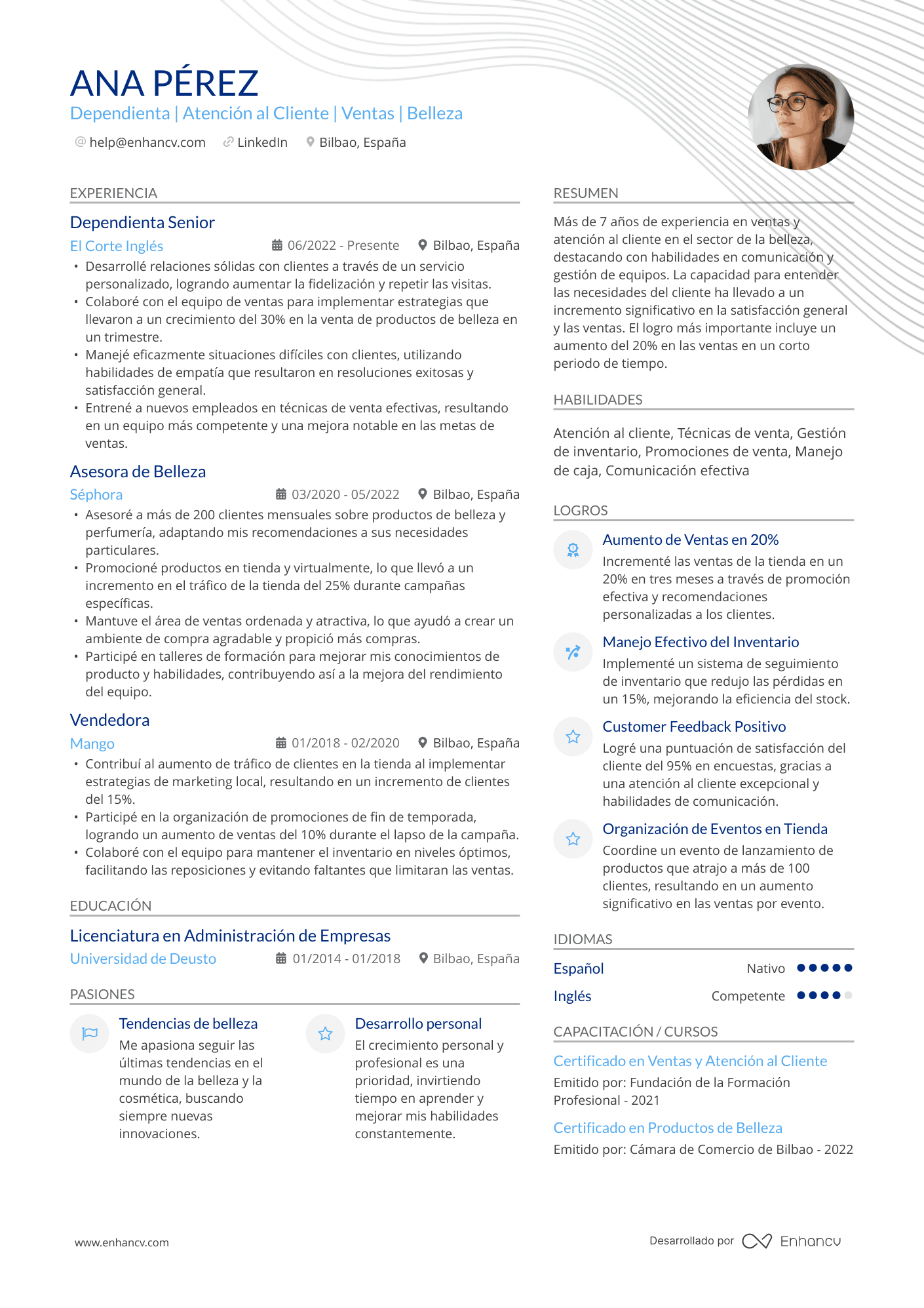 Dependienta | Atención al Cliente | Ventas | Belleza Ejemplo de CV