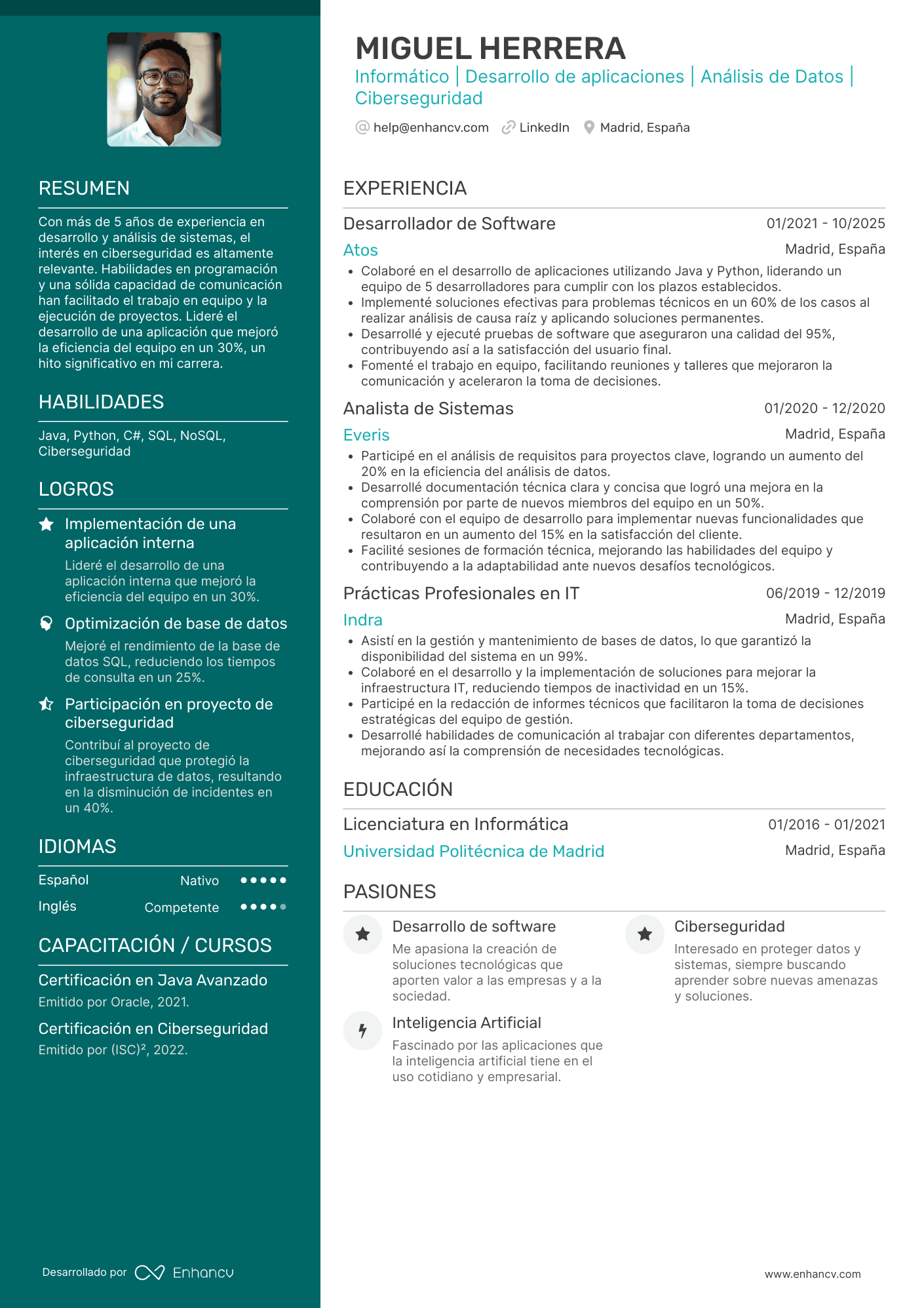 Informático | Desarrollo de aplicaciones | Análisis de Datos | Ciberseguridad Ejemplo de CV