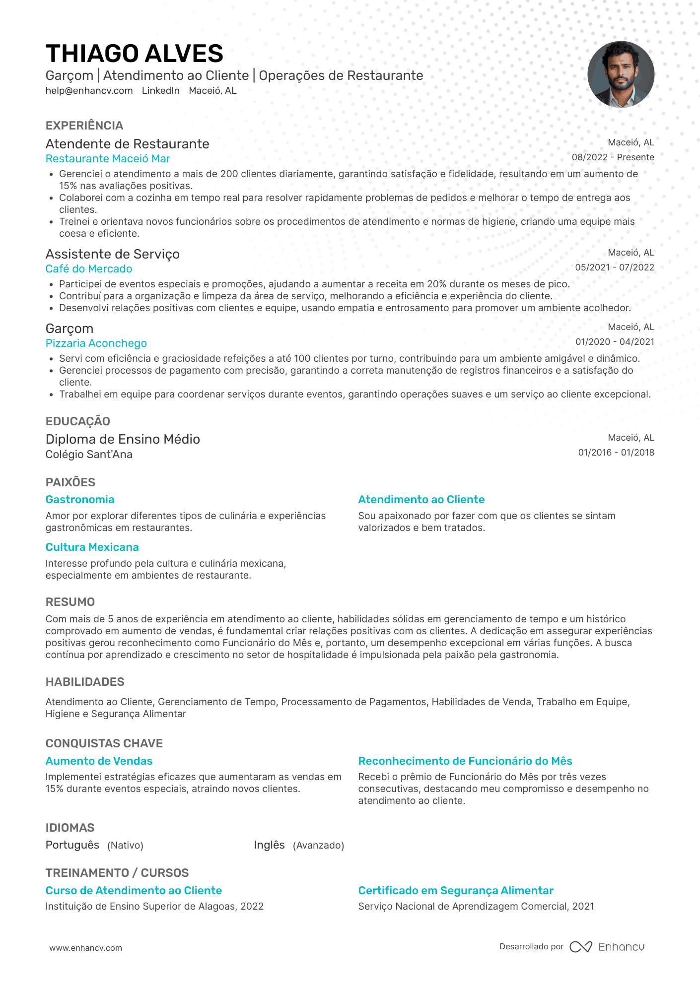 Garçom | Atendimento ao Cliente | Operações de Restaurante Exemplo de CV