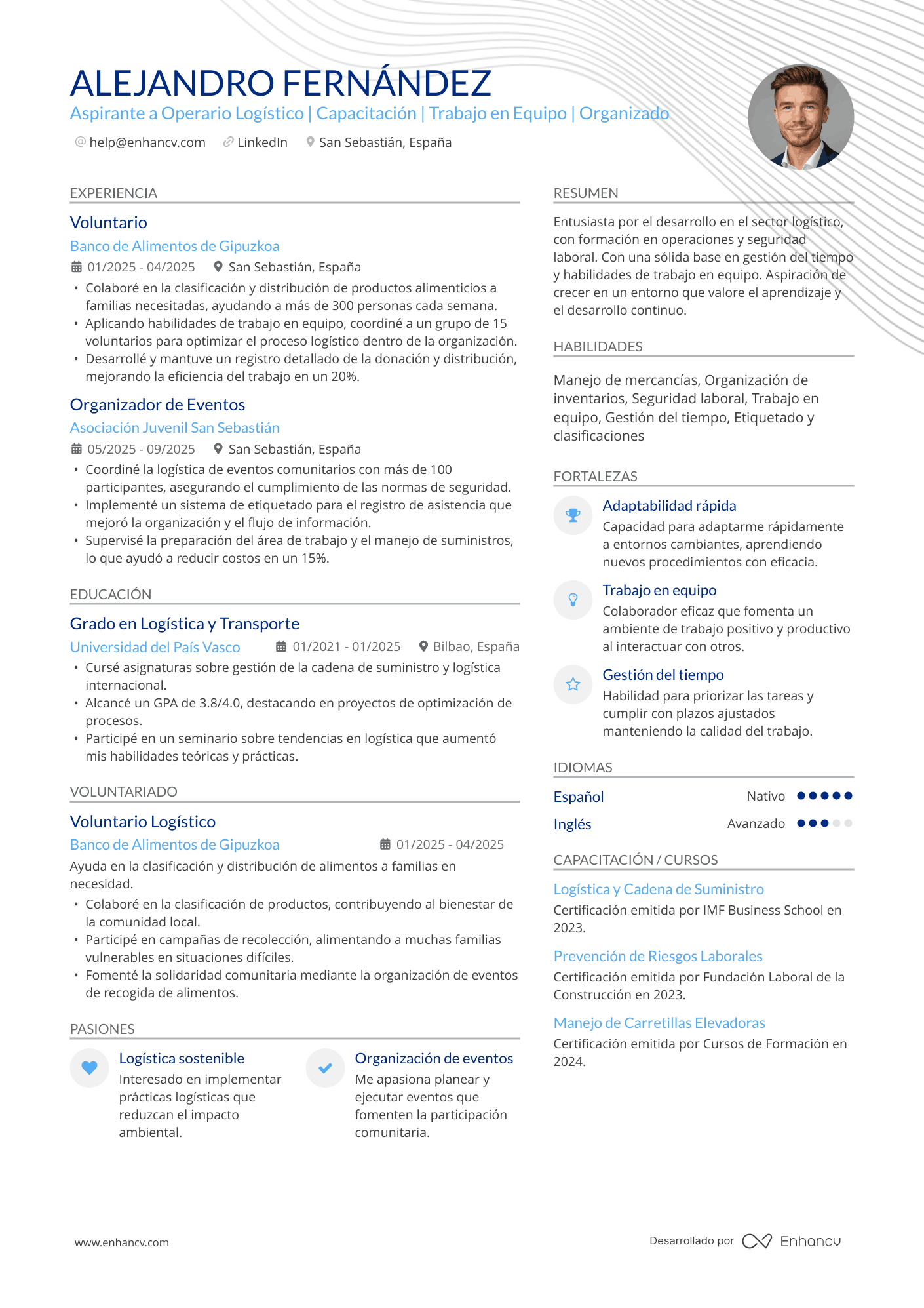 Aspirante a Operario Logístico | Capacitación | Trabajo en Equipo | Organizado Ejemplo de CV