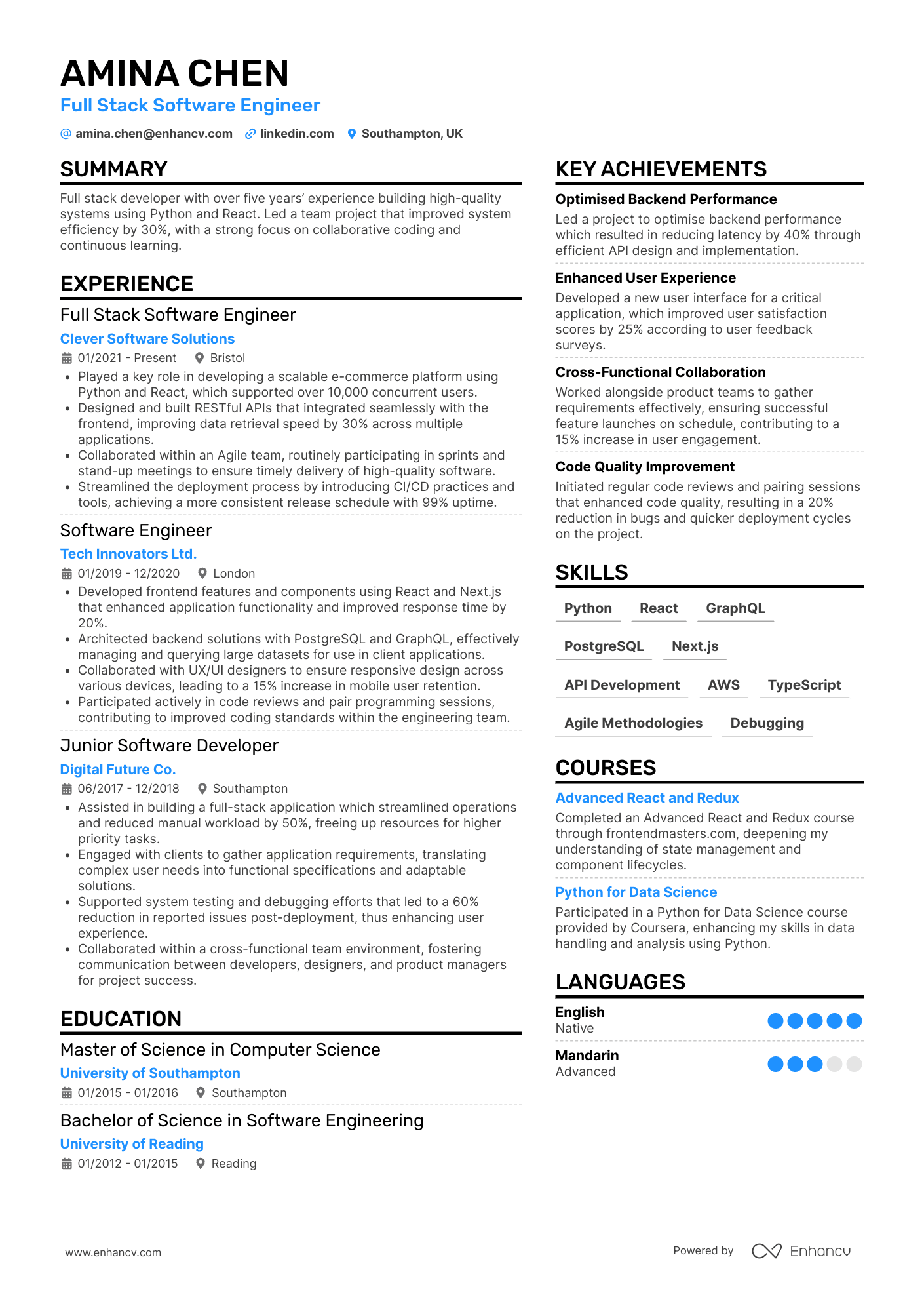 Full Stack Software Engineer CV Example