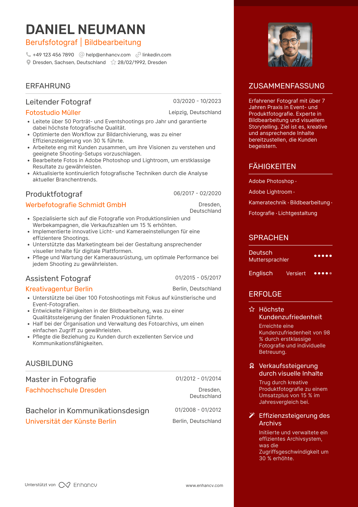 Berufsfotograf | Bildbearbeitung Lebenslauf Beispiel