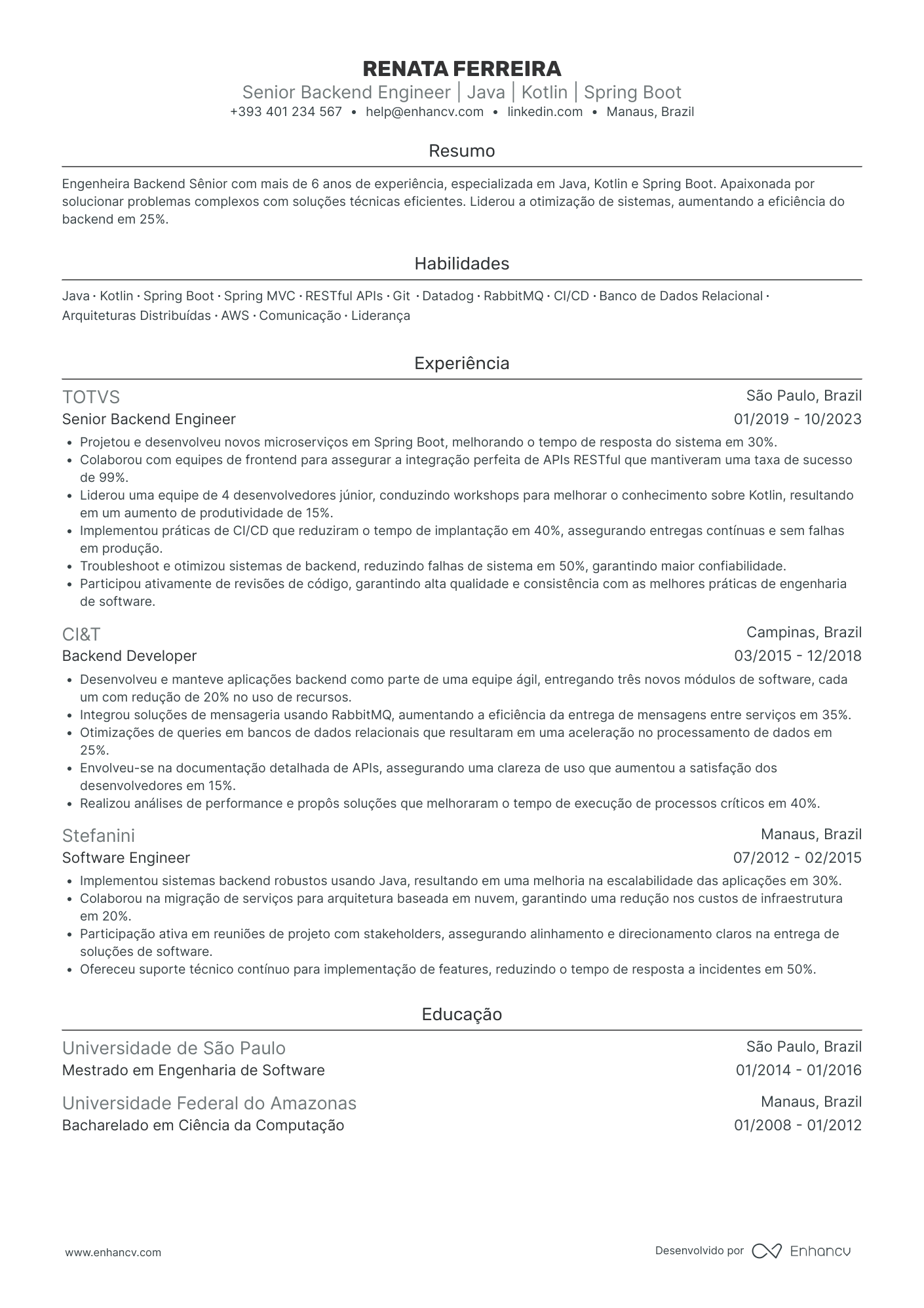 Senior Backend Engineer | Java | Kotlin | Spring Boot resume example