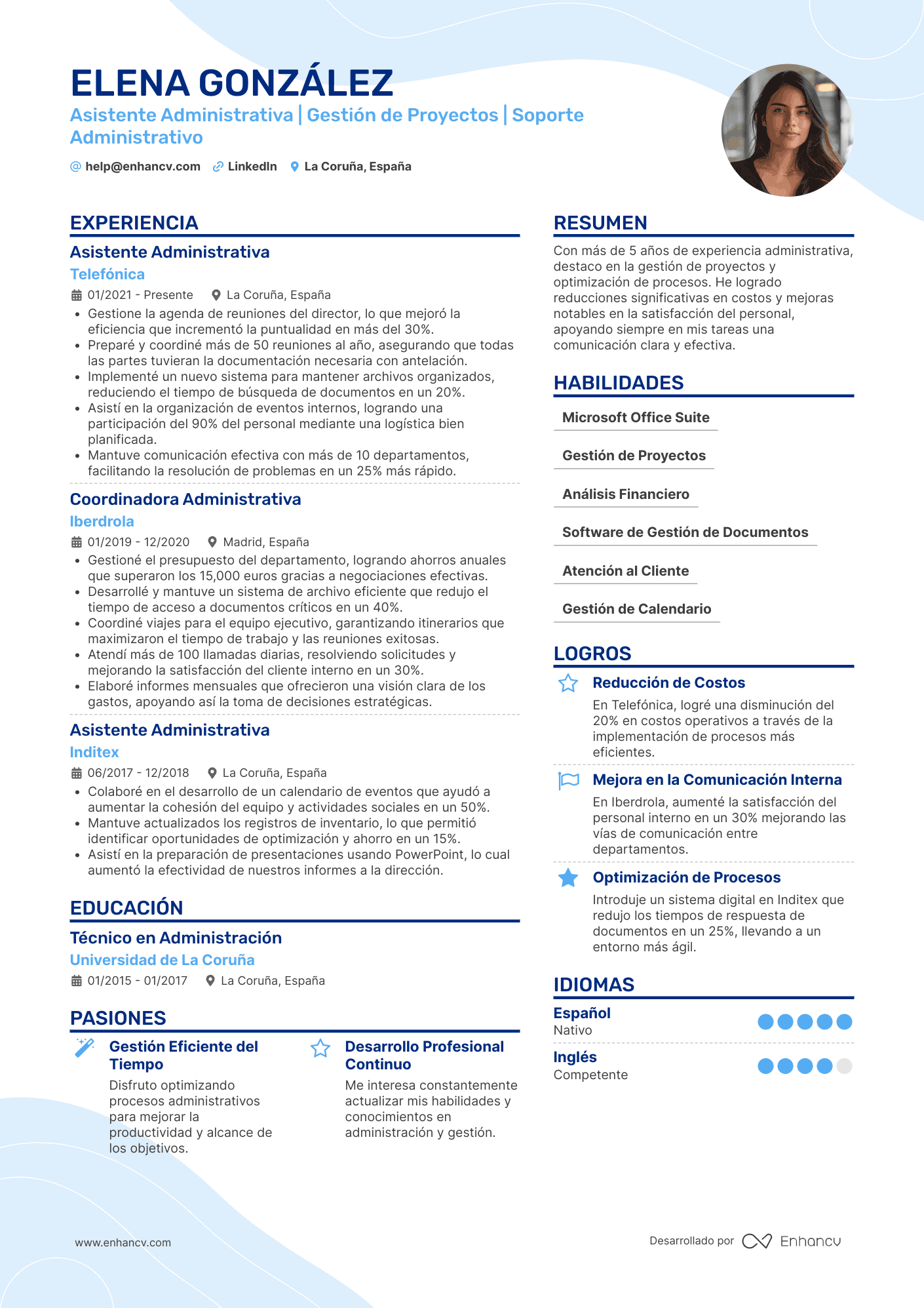 Asistente Administrativa | Gestión de Proyectos | Soporte Administrativo Ejemplo de CV