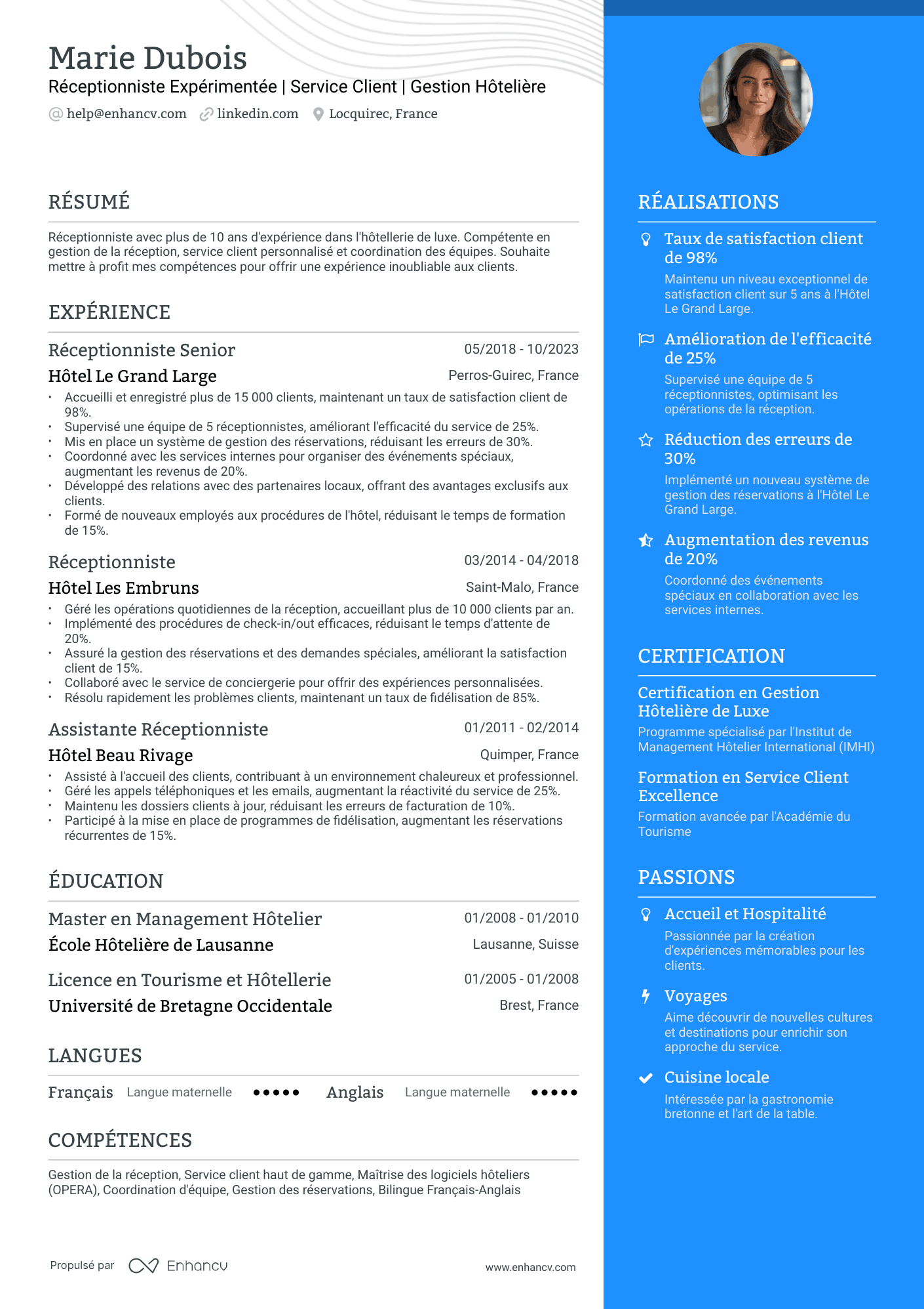 Réceptionniste Expérimentée | Service Client | Gestion Hôtelière resume example