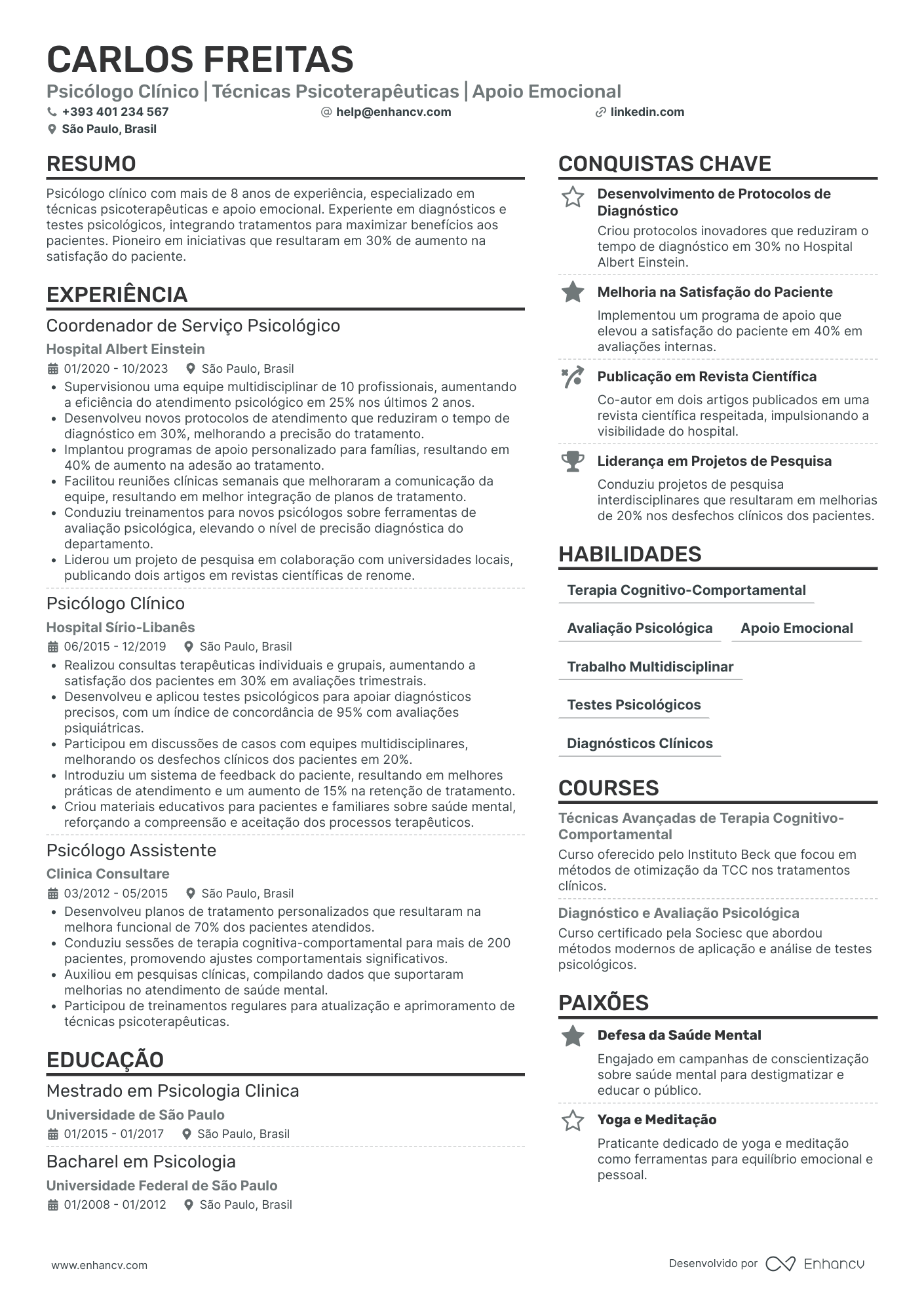 Psicólogo Clínico | Técnicas Psicoterapêuticas | Apoio Emocional Exemplo de CV