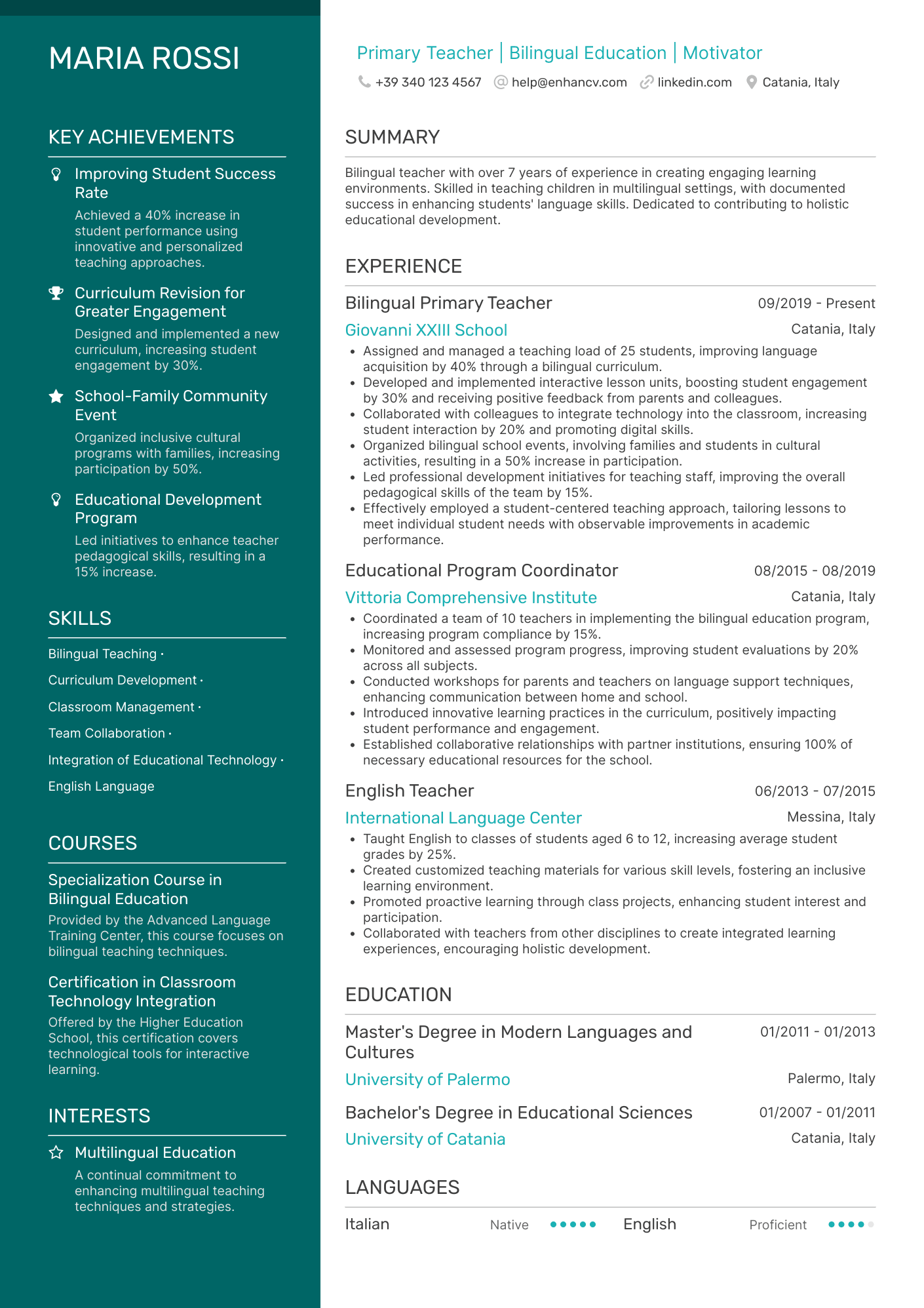 Insegnante Primaria | Educazione Bilingue | Motivatrice resume example