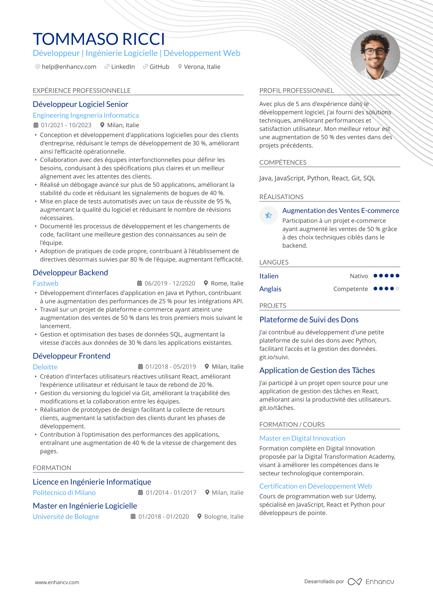 Développeur | Ingénierie Logicielle | Développement Web Esempio di CV