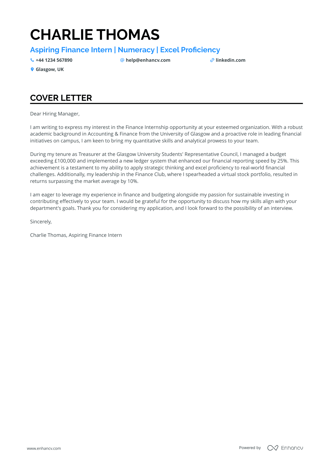 Finance intern cover letter example
