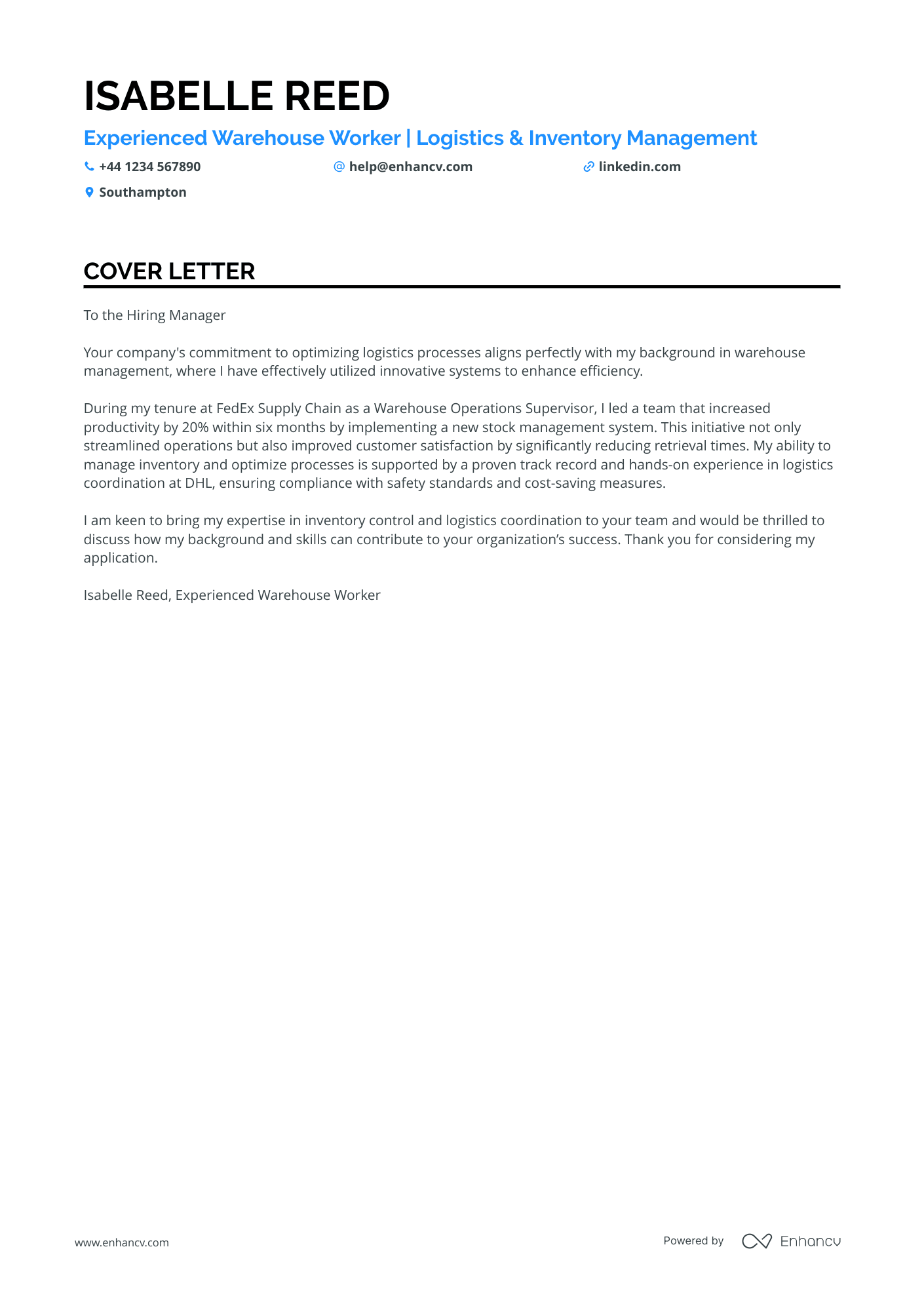 Warehouse worker cover letter example