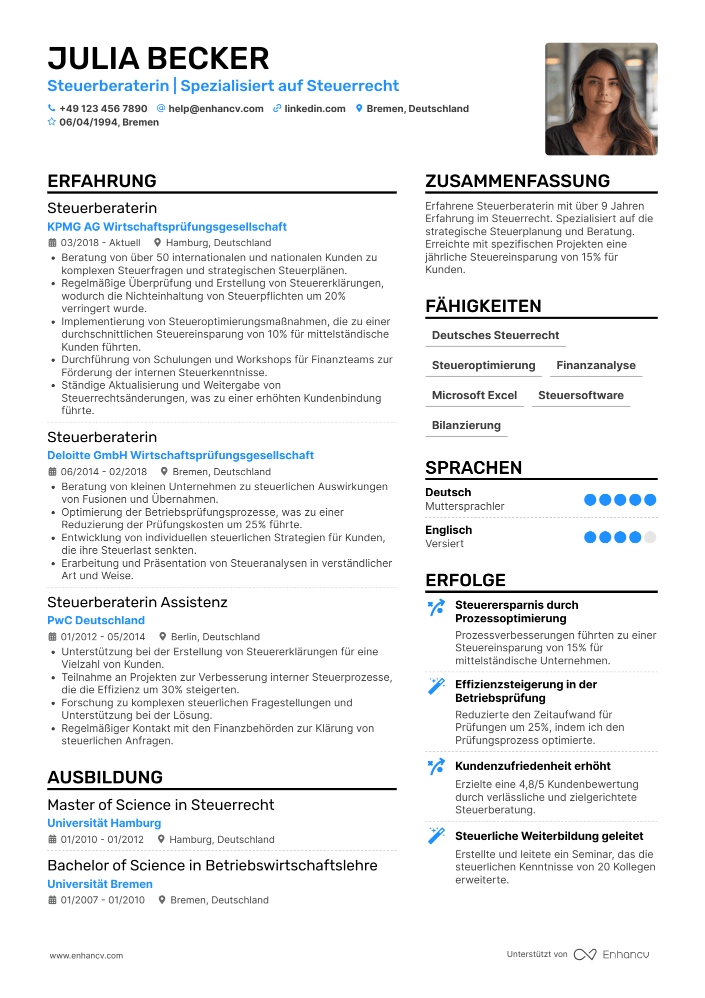 Steuerberaterin | Spezialisiert auf Steuerrecht Lebenslauf Beispiel