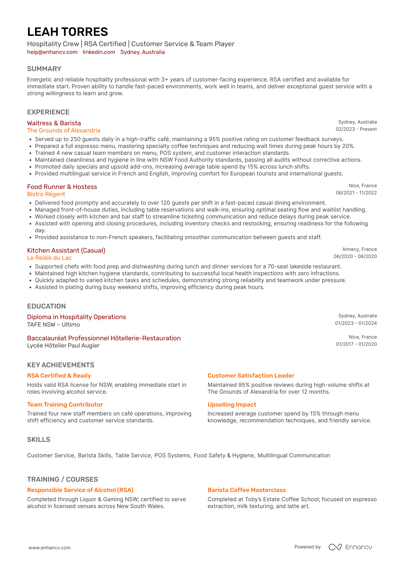Hospitality Crew | RSA Certified | Customer Service &amp; Team Player resume example
