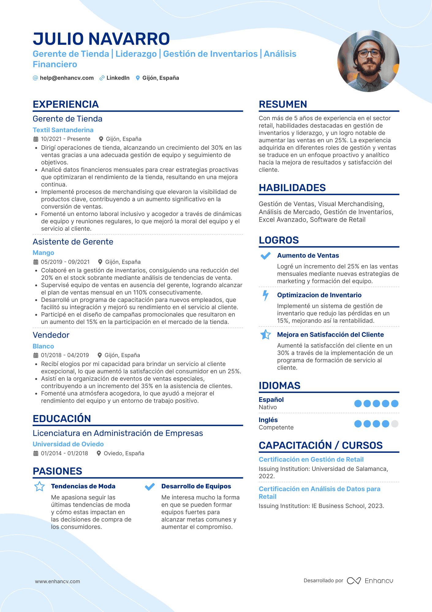 Gerente de Tienda | Liderazgo | Gestión de Inventarios | Análisis Financiero Ejemplo de CV