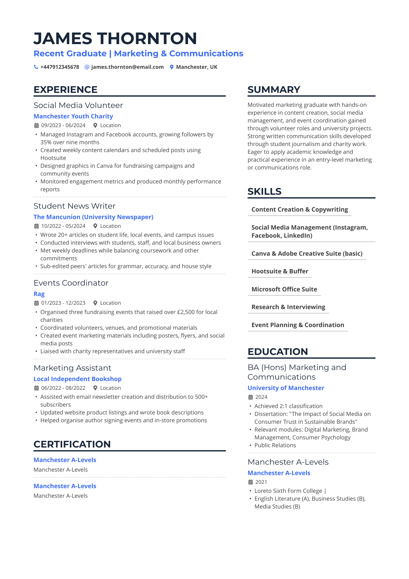 Recent Graduate | Marketing &amp; Communications CV Example