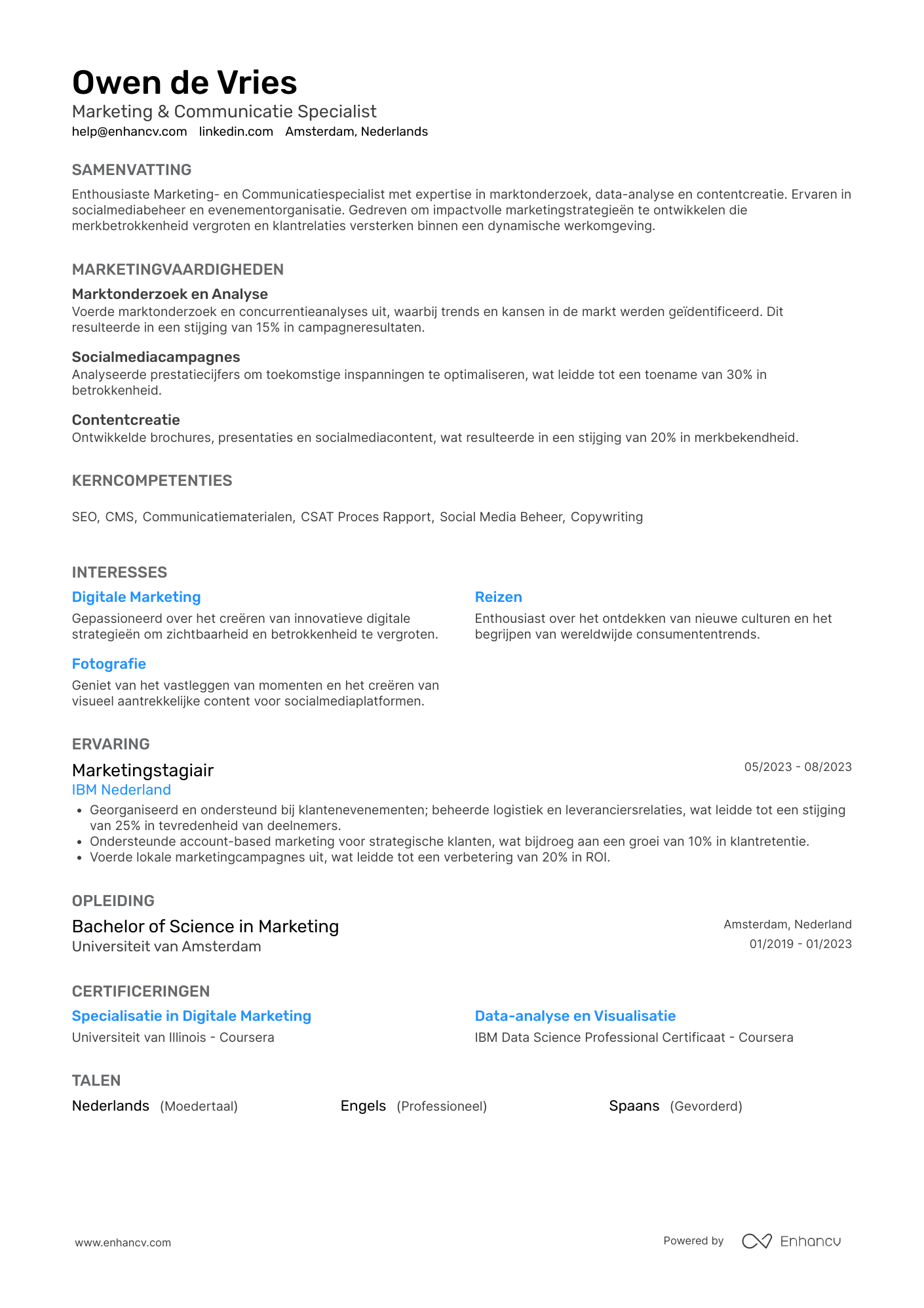 Marketing & Communicatie Specialist CV voorbeeld