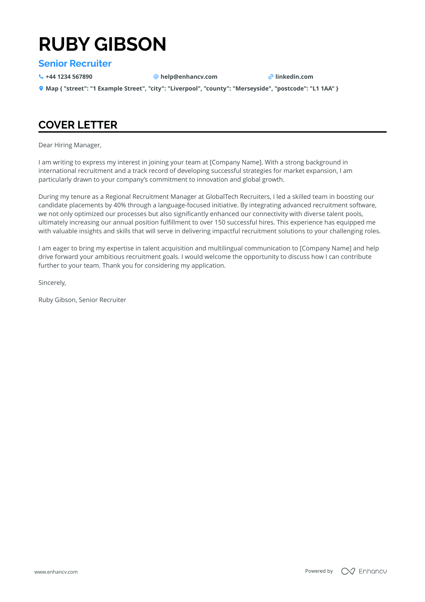 Recruitment consultant cover letter example