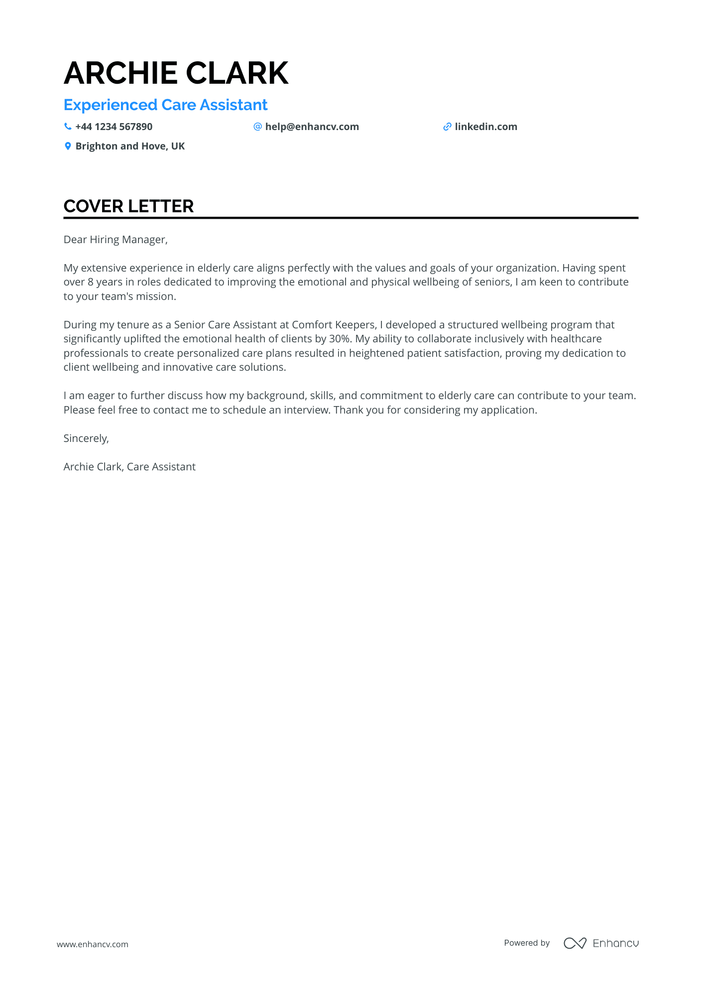 Caregiver cover letter example