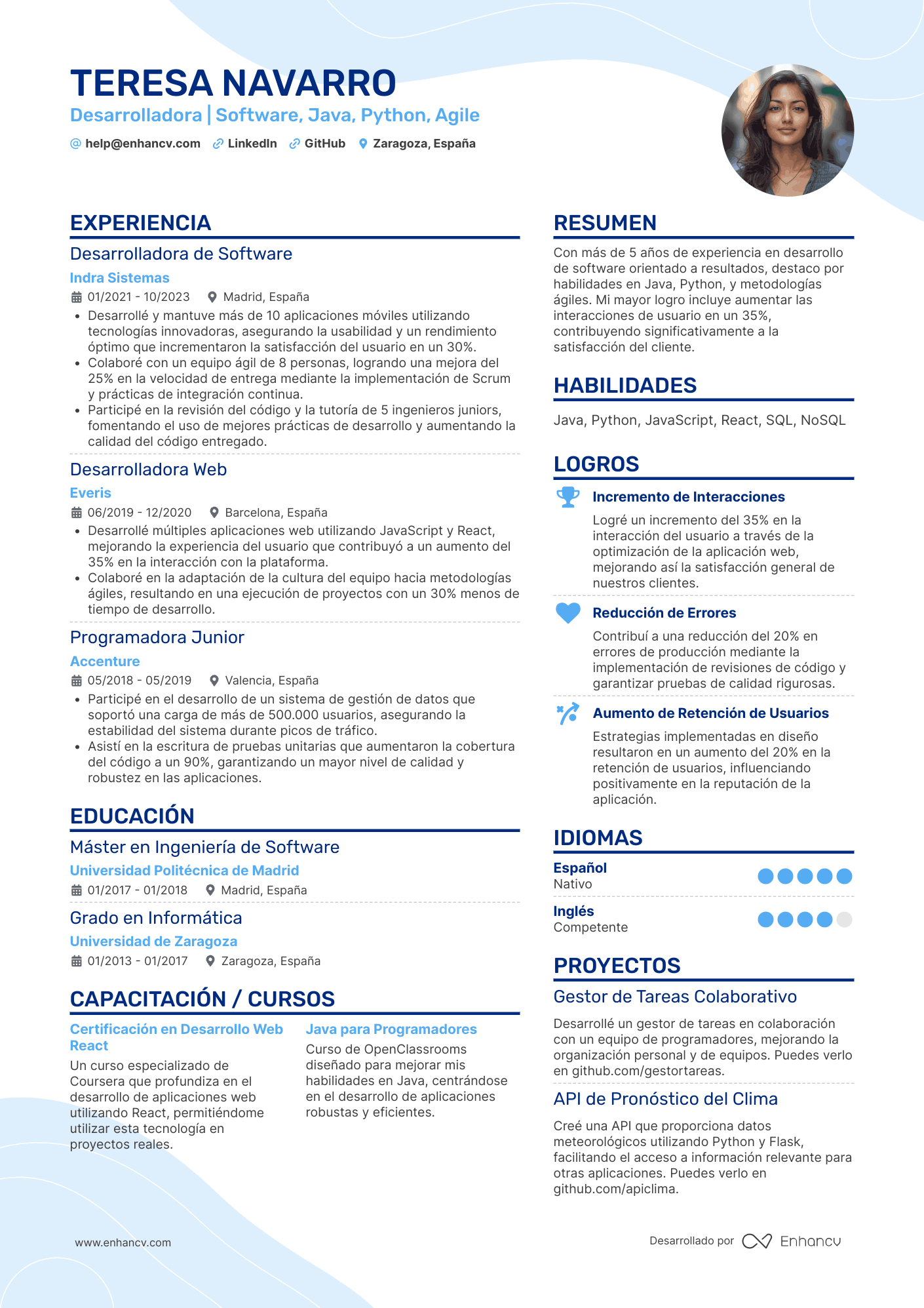 Desarrolladora | Software, Java, Python, Agile Ejemplo de CV