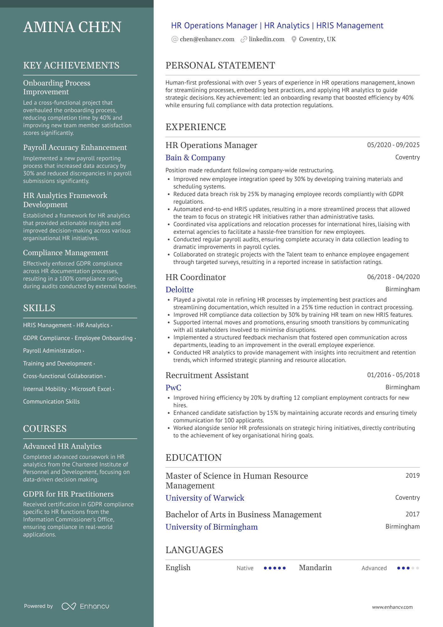 HR Operations Manager | HR Analytics | HRIS Management CV Example