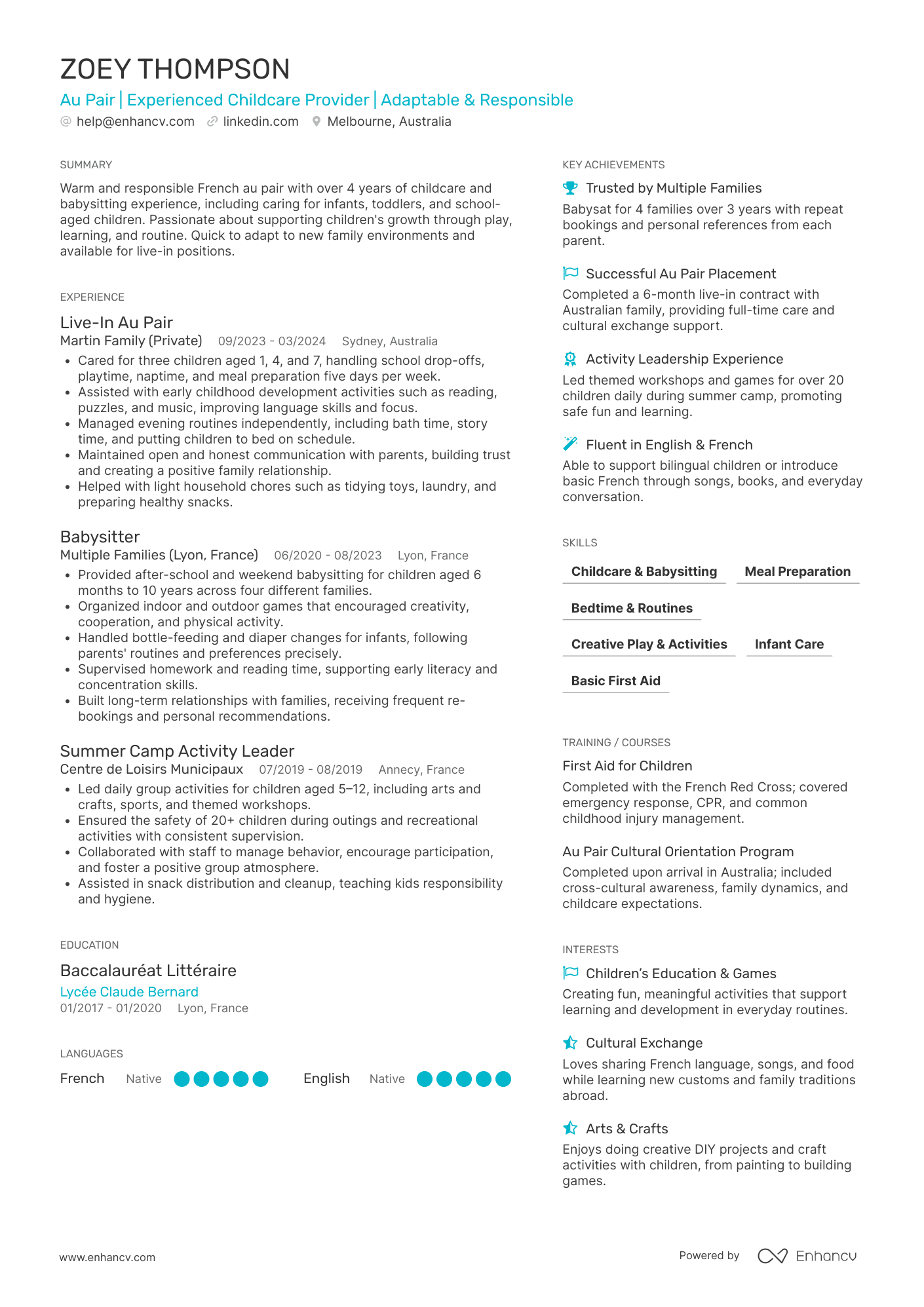 Au Pair | Experienced Childcare Provider | Adaptable &amp; Responsible resume example