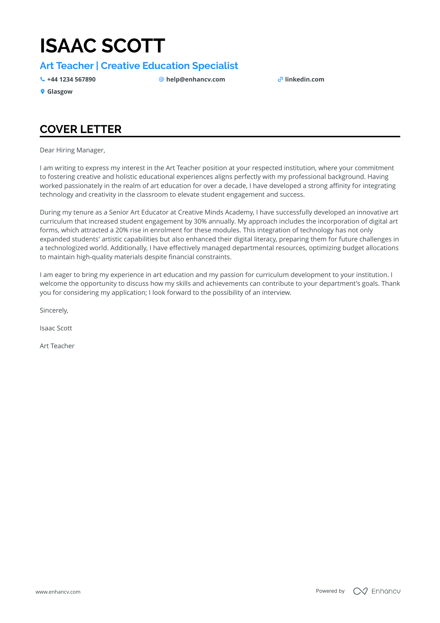 Art teacher cover letter example
