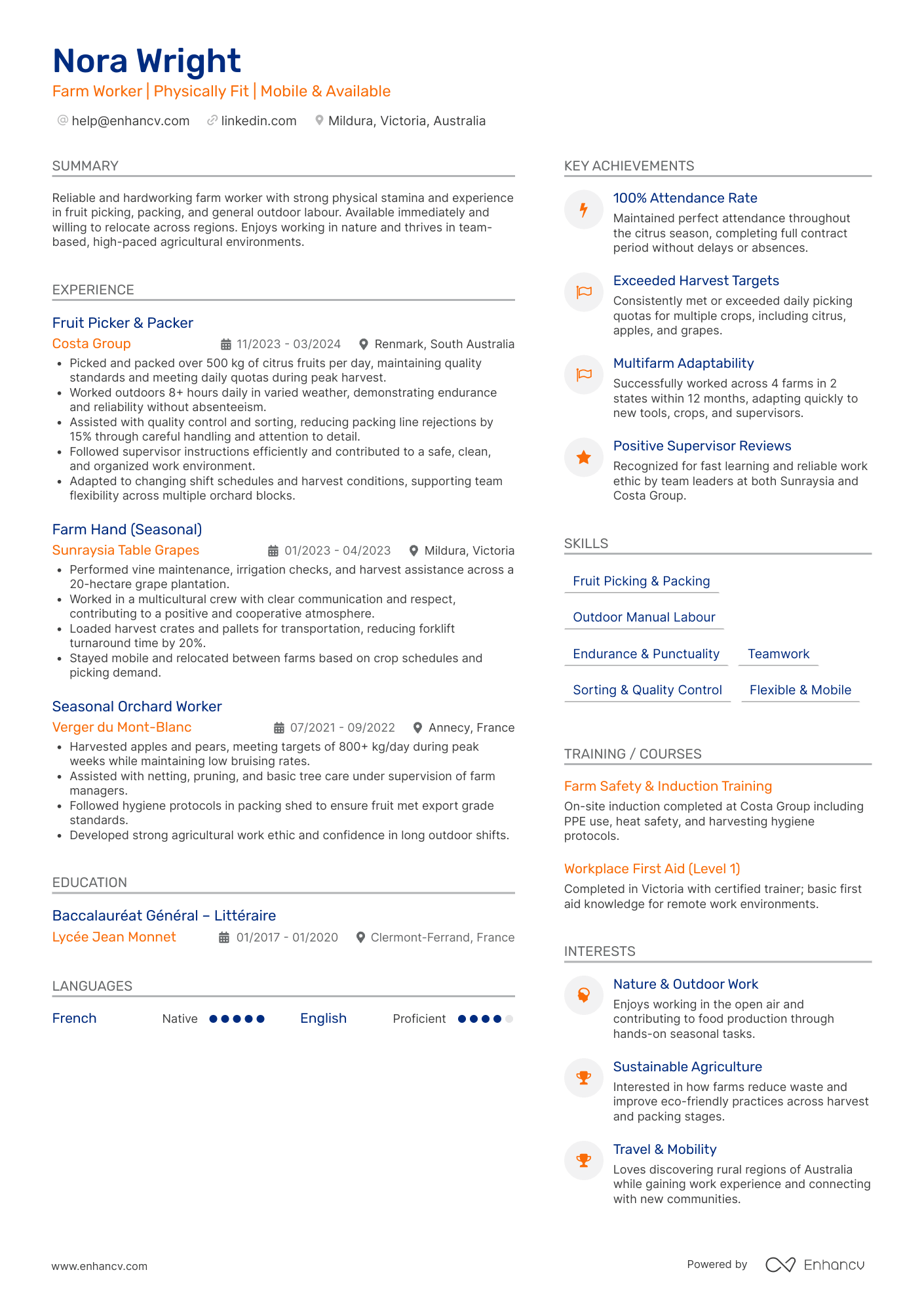 Farm Worker | Physically Fit | Mobile &amp; Available resume example