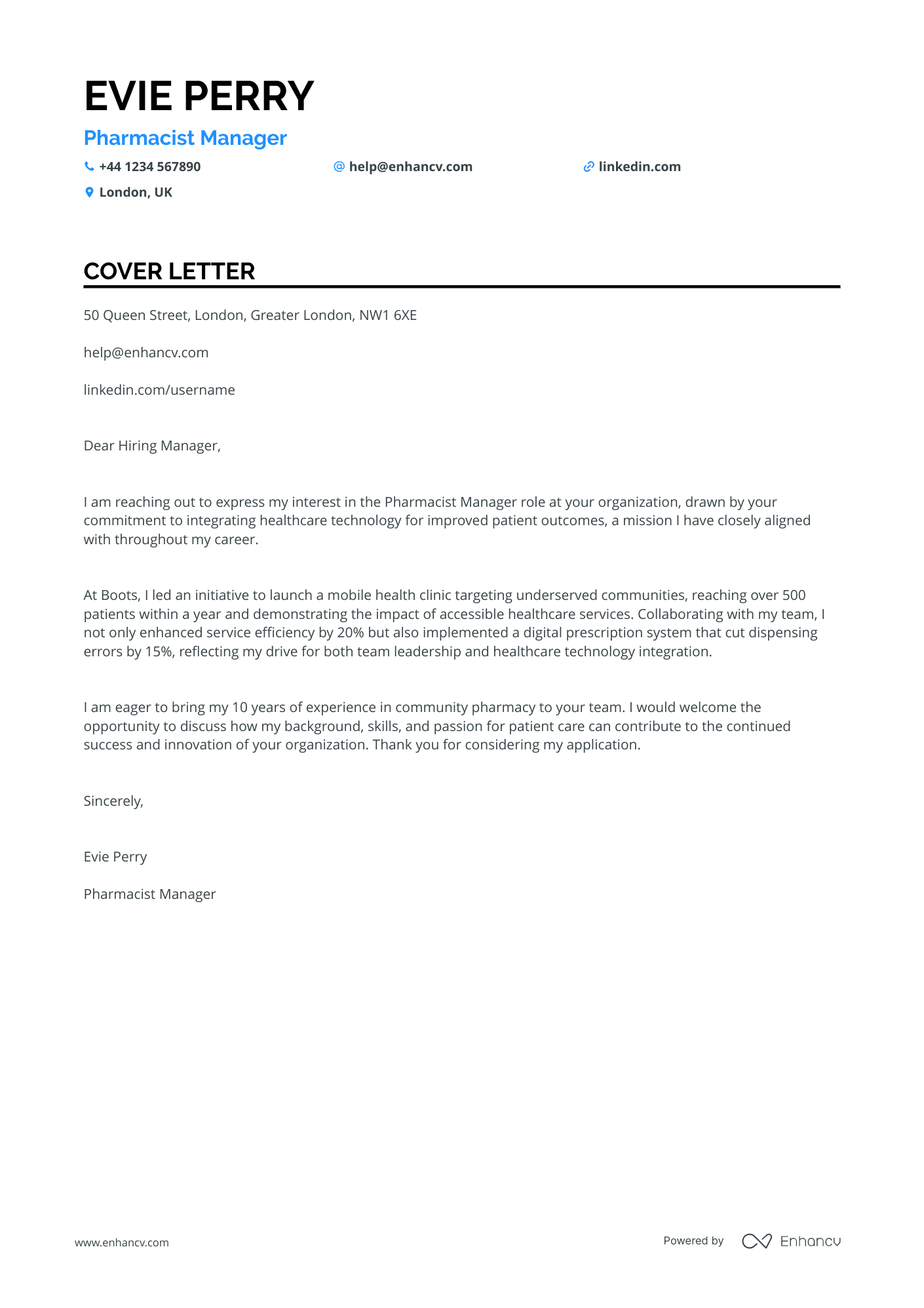 Pharmacist cover letter example