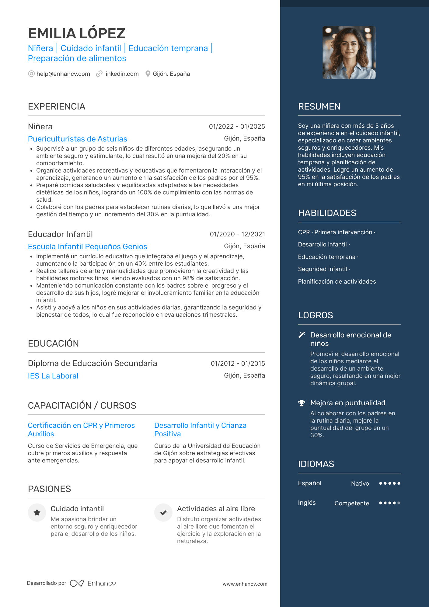 Niñera | Cuidado infantil | Educación temprana | Preparación de alimentos Ejemplo de CV