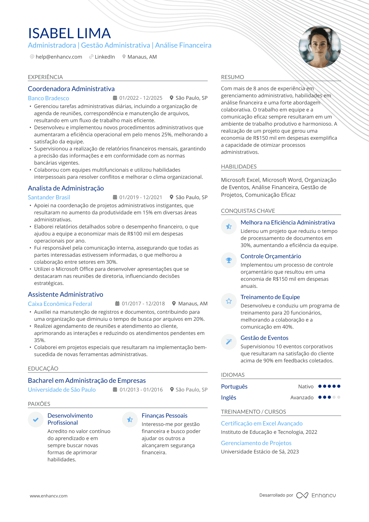 Administradora | Gestão Administrativa | Análise Financeira Exemplo de CV