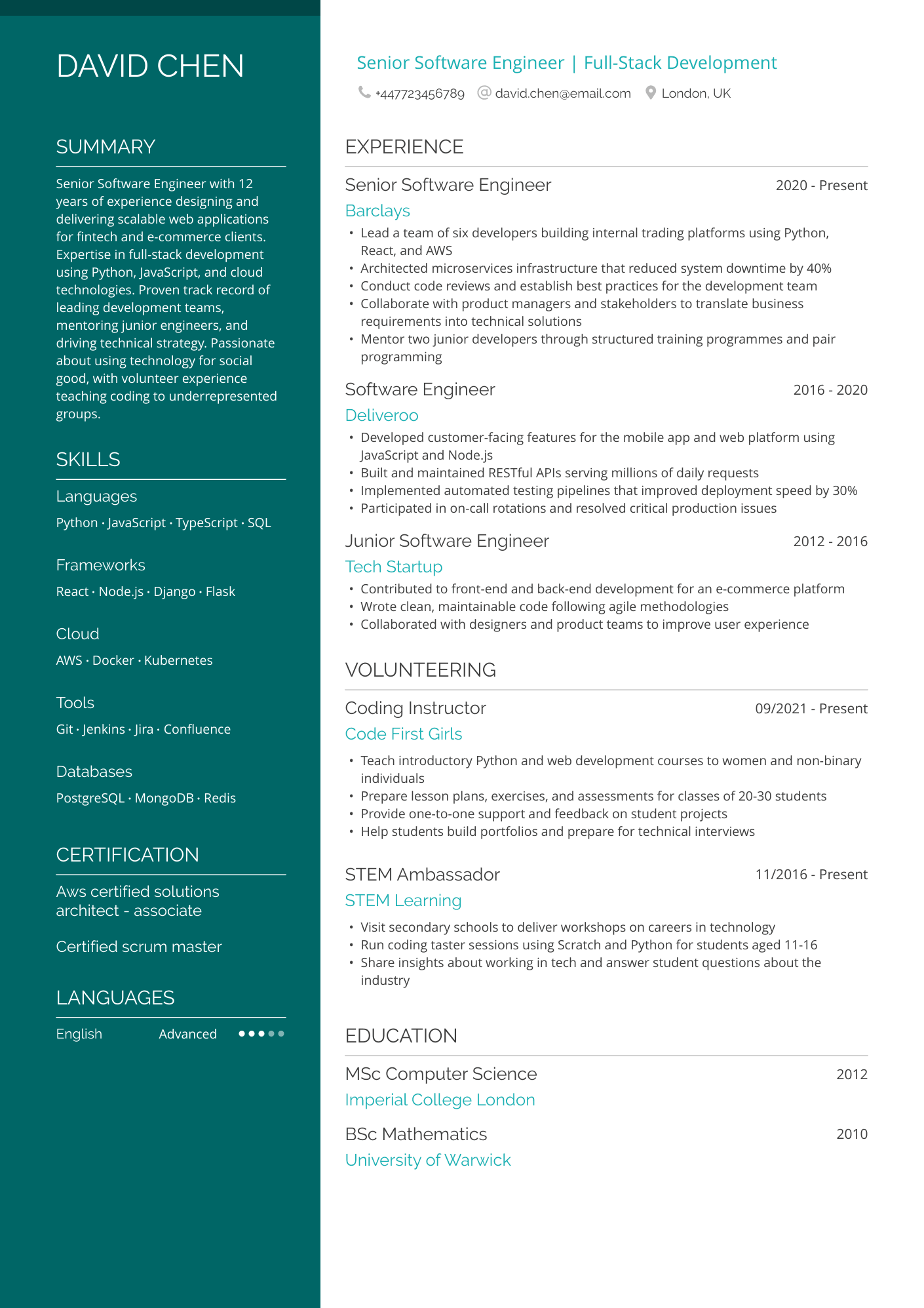 Senior Software Engineer | Full Stack Development CV Example