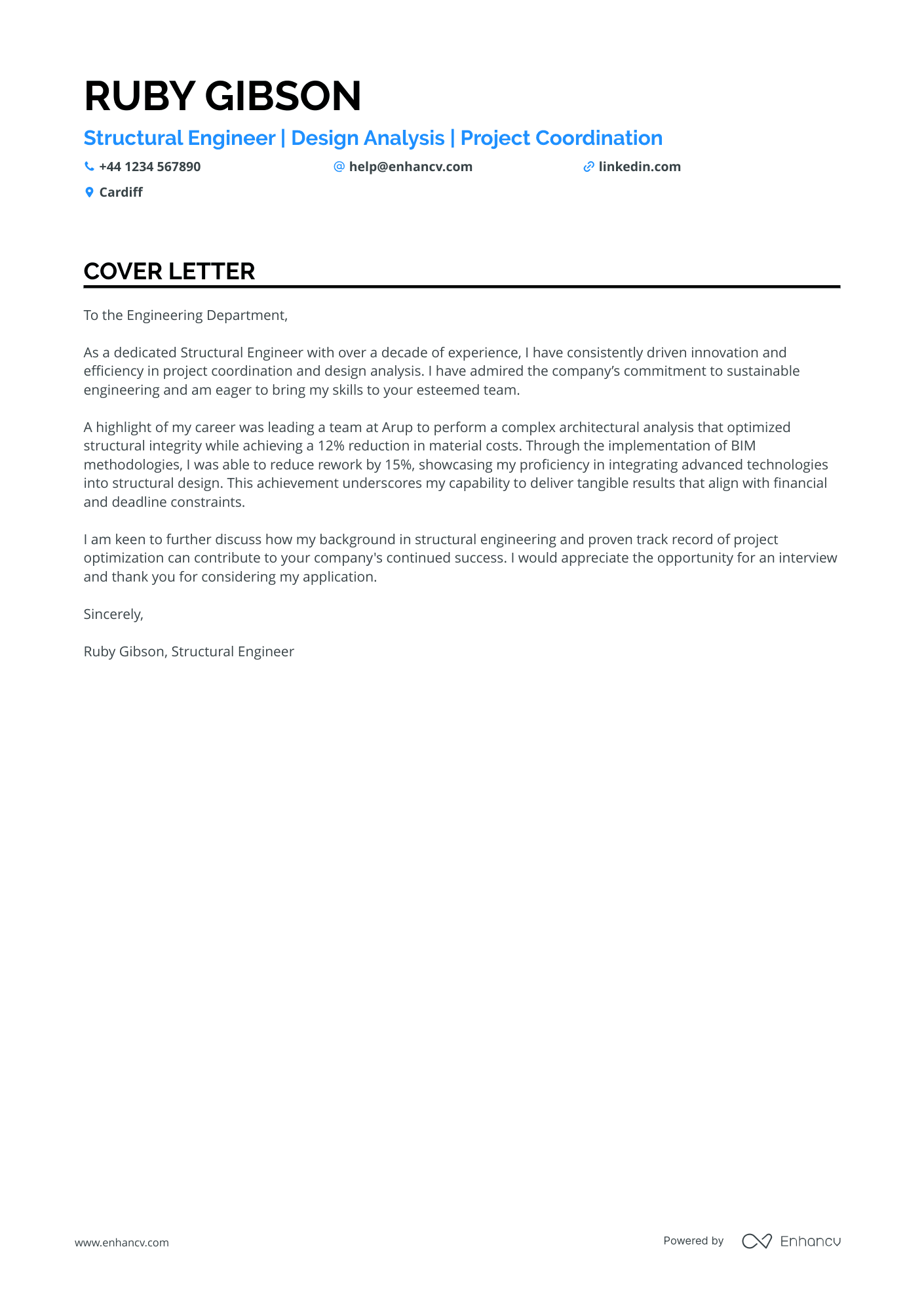 Structural Engineer cover letter example