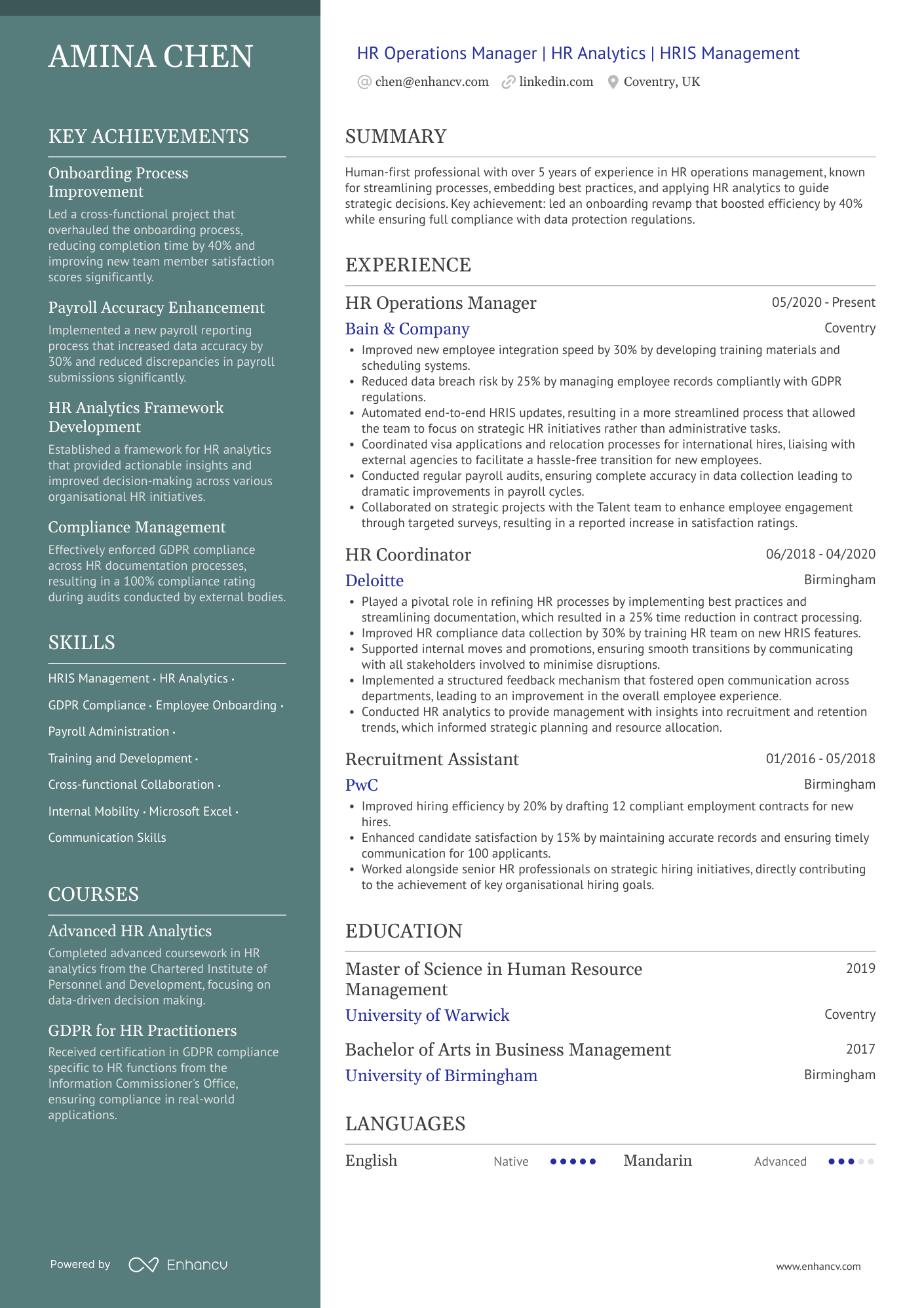 HR Operations Manager | HR Analytics | HRIS Management resume example