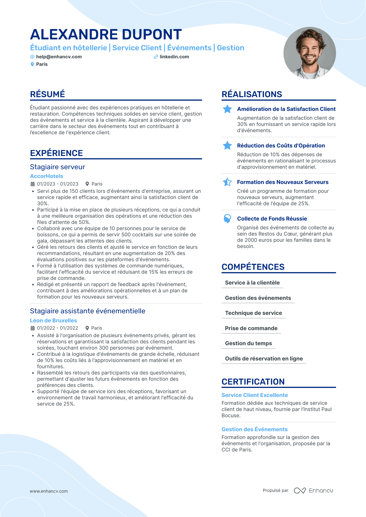 Étudiant en hôtellerie | Service Client | Événements | Gestion resume example
