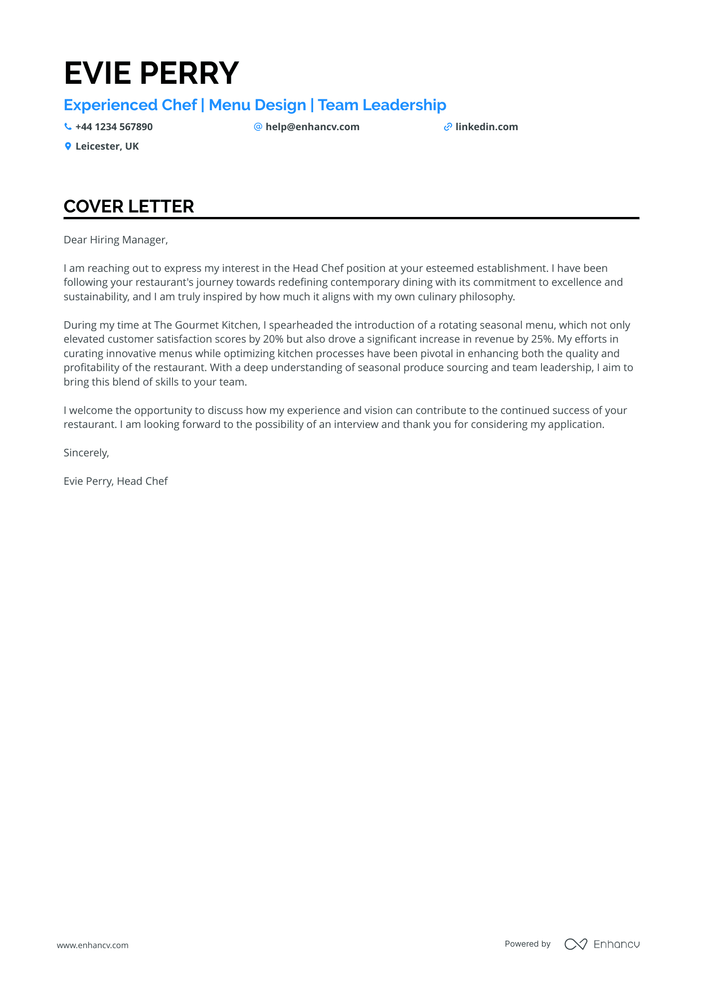 Chef cover letter example