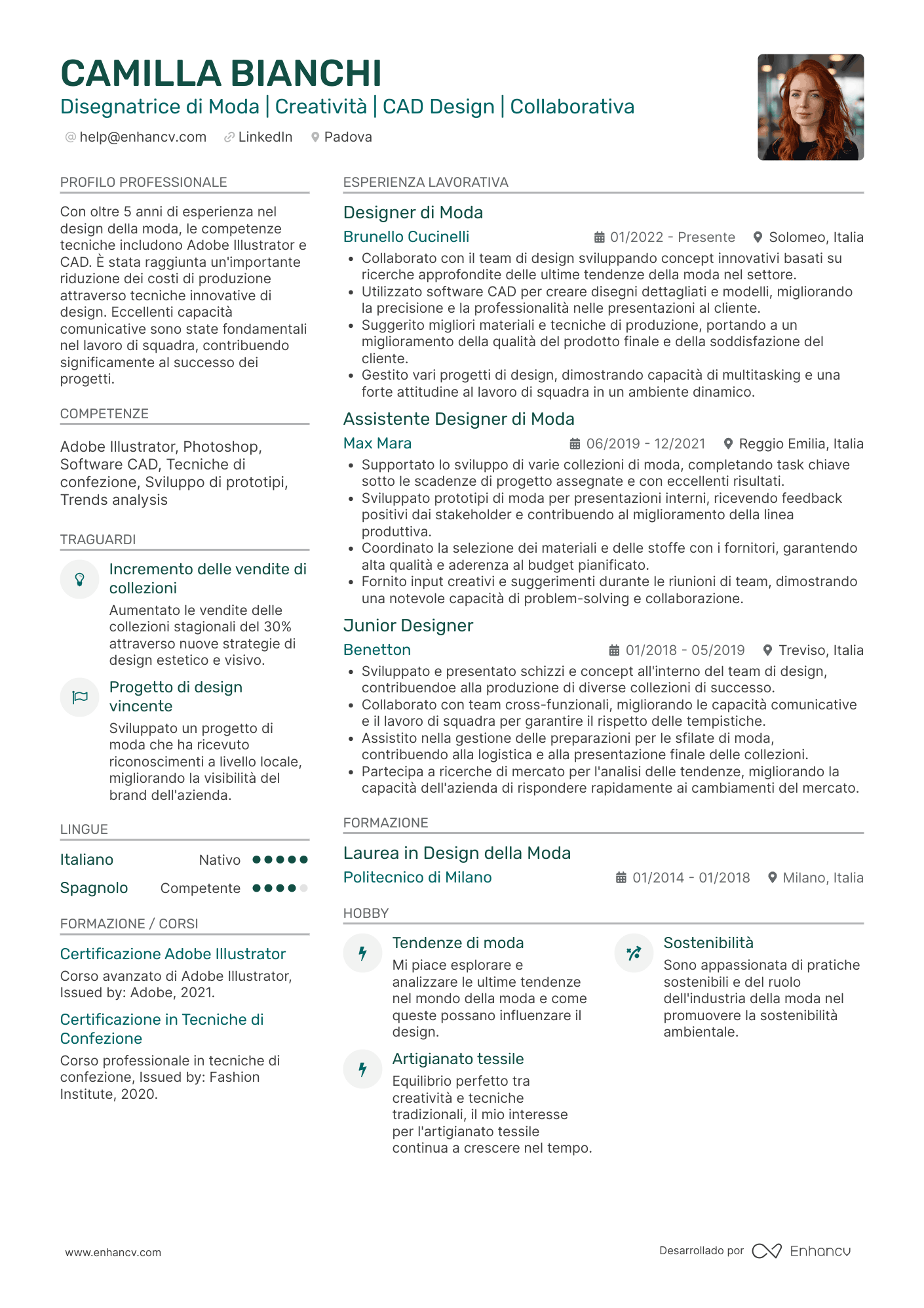 Disegnatrice di Moda | Creatività | CAD Design | Collaborativa Esempio di CV