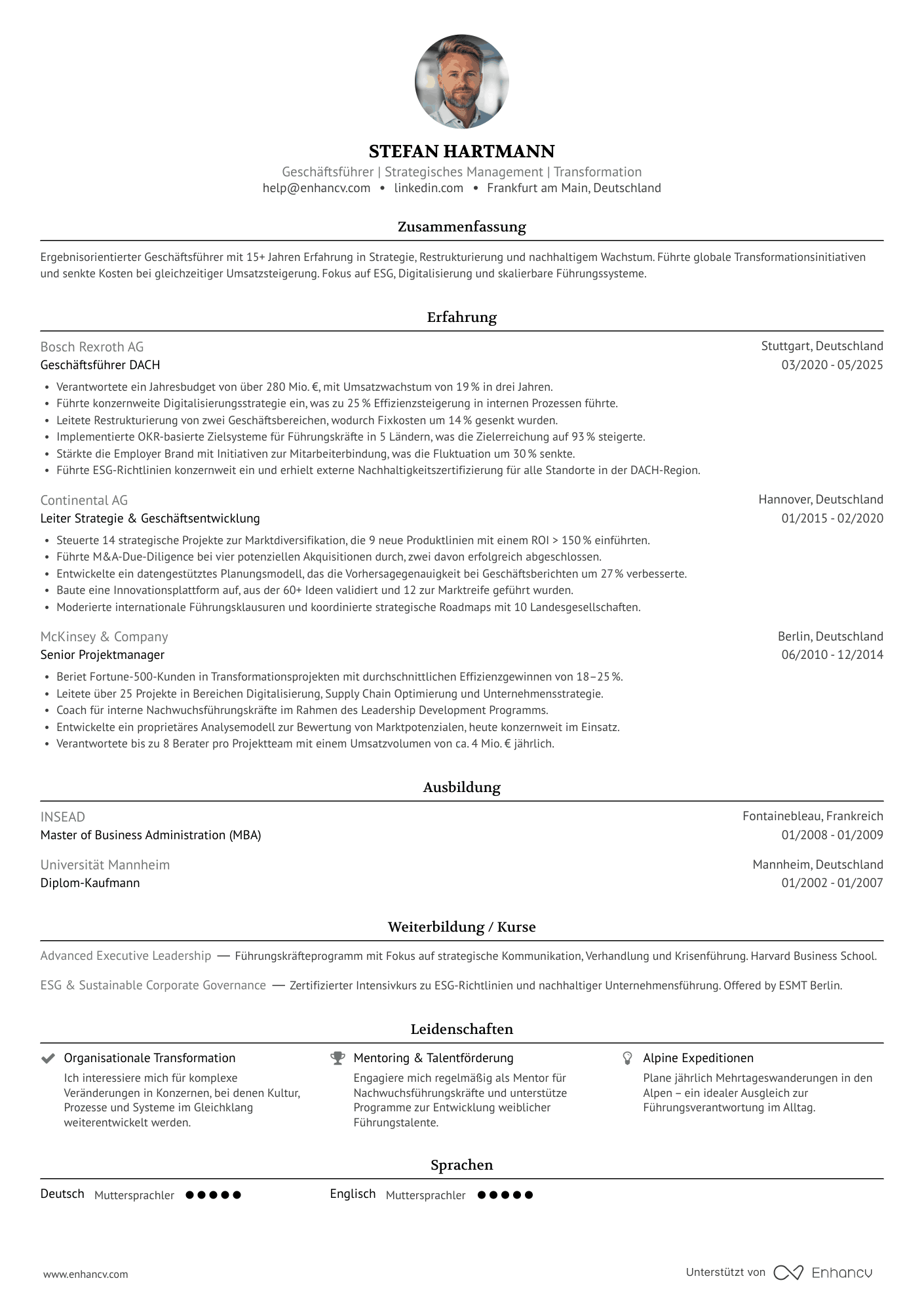 Geschäftsführer | Strategisches Management | Transformation resume example