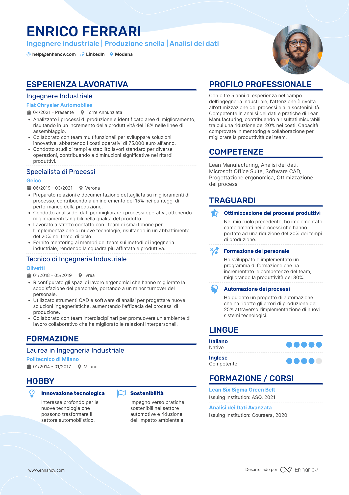 Ingegnere industriale | Produzione snella | Analisi dei dati Esempio di CV