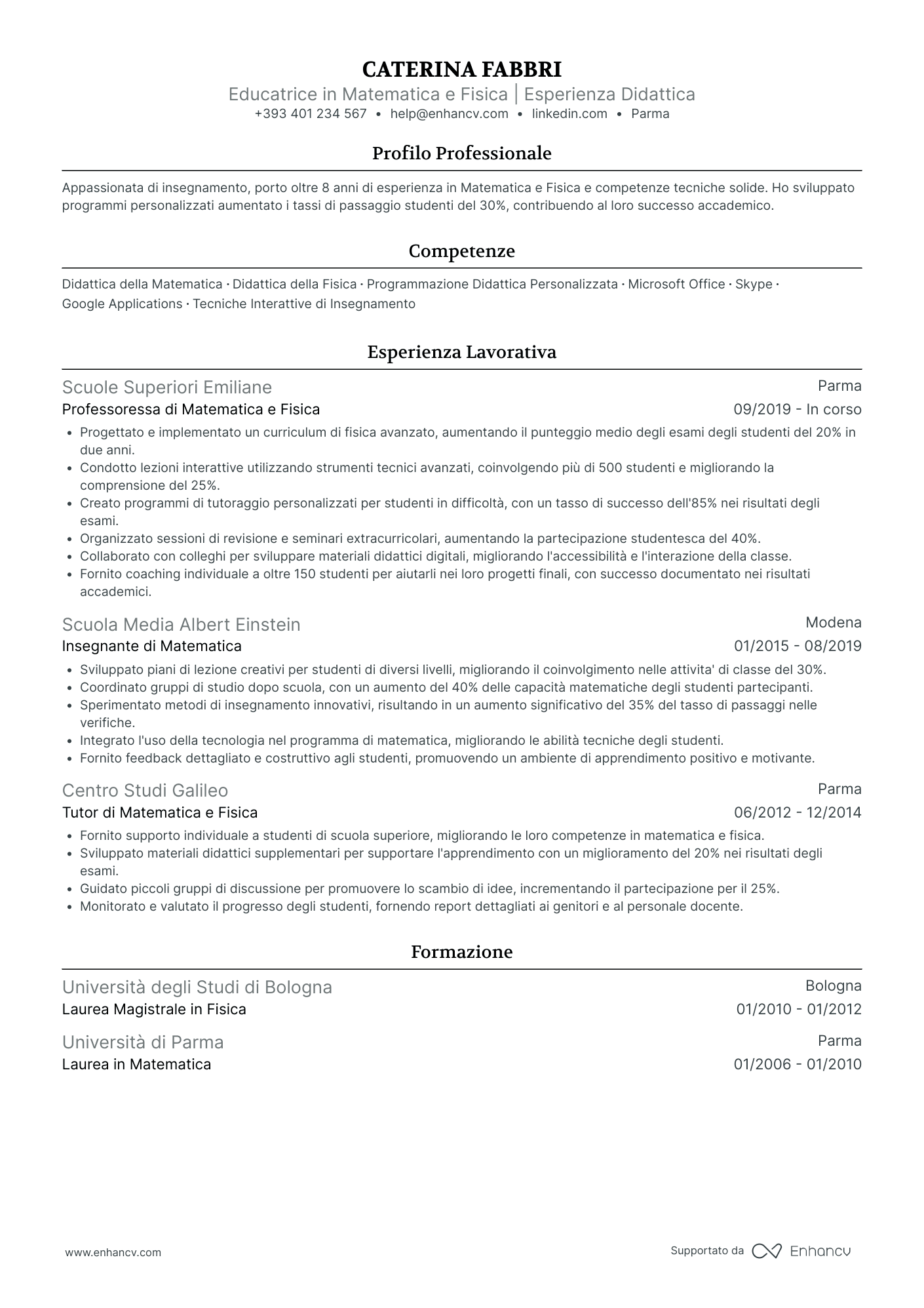 Educatrice in Matematica e Fisica | Esperienza Didattica resume example
