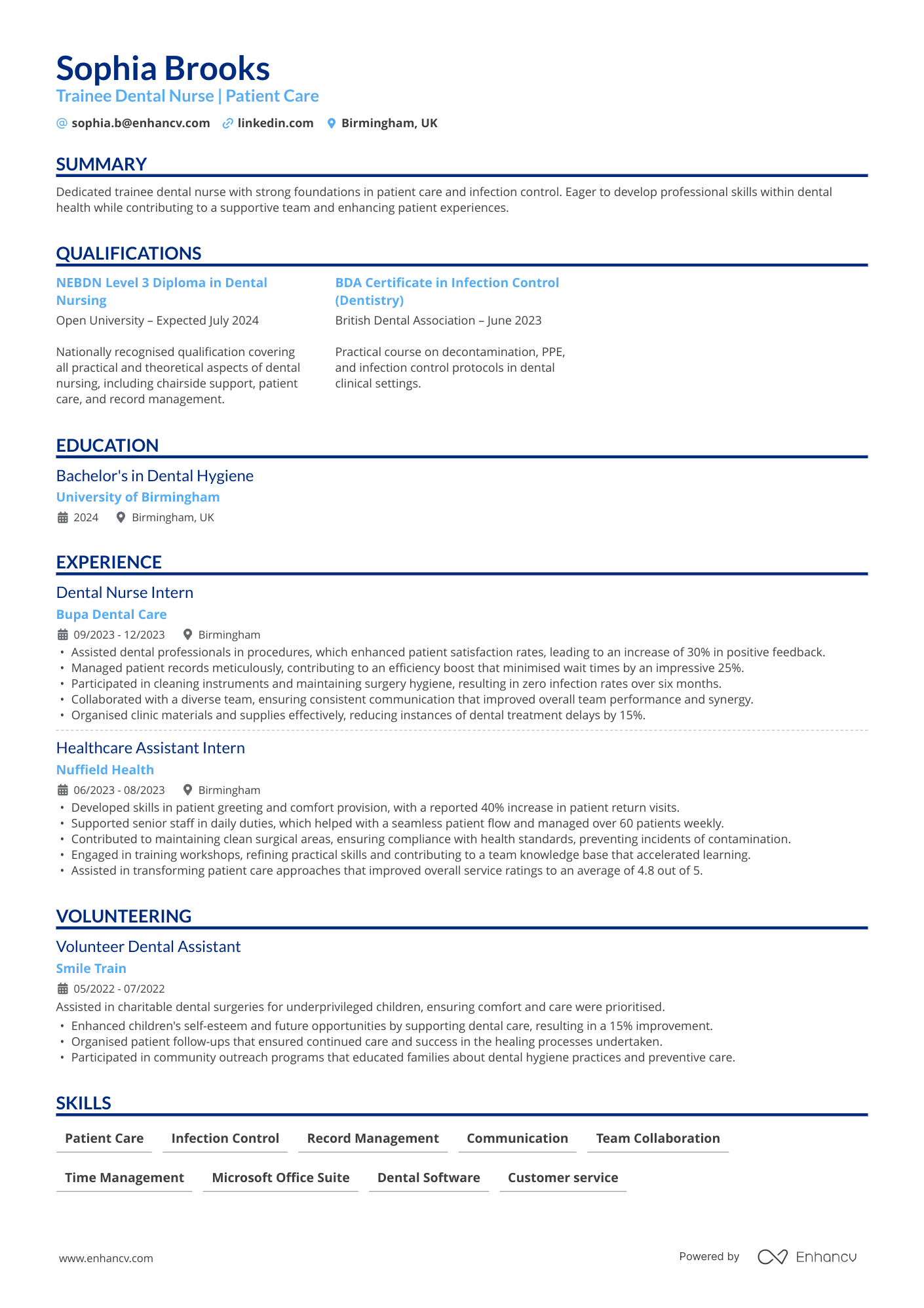 Trainee Dental Nurse | Patient Care resume example