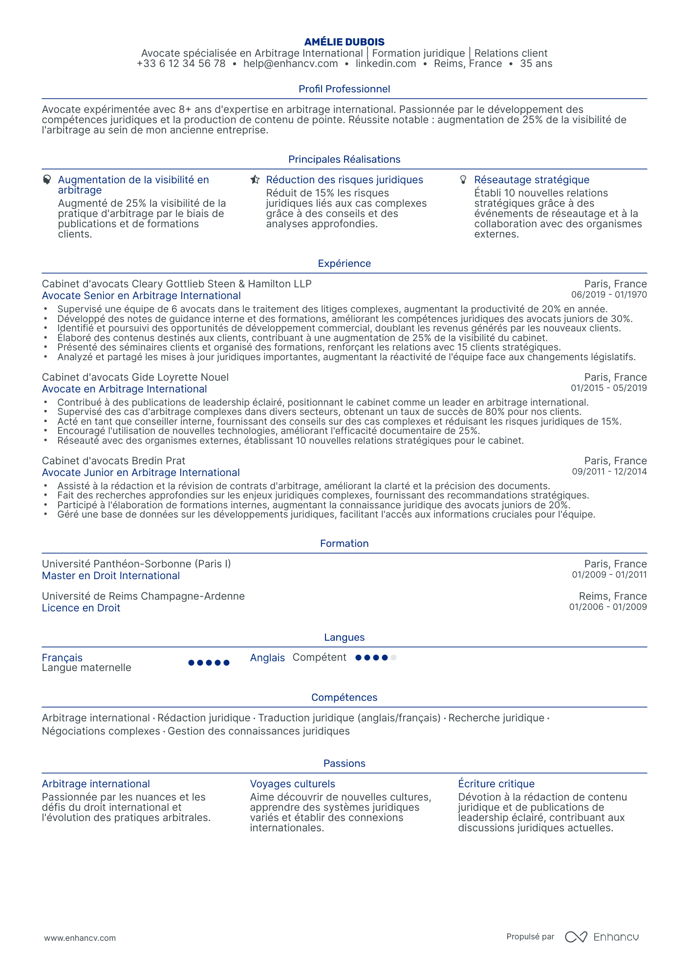 Avocate spécialisée en Arbitrage International | Formation juridique | Relations client resume example