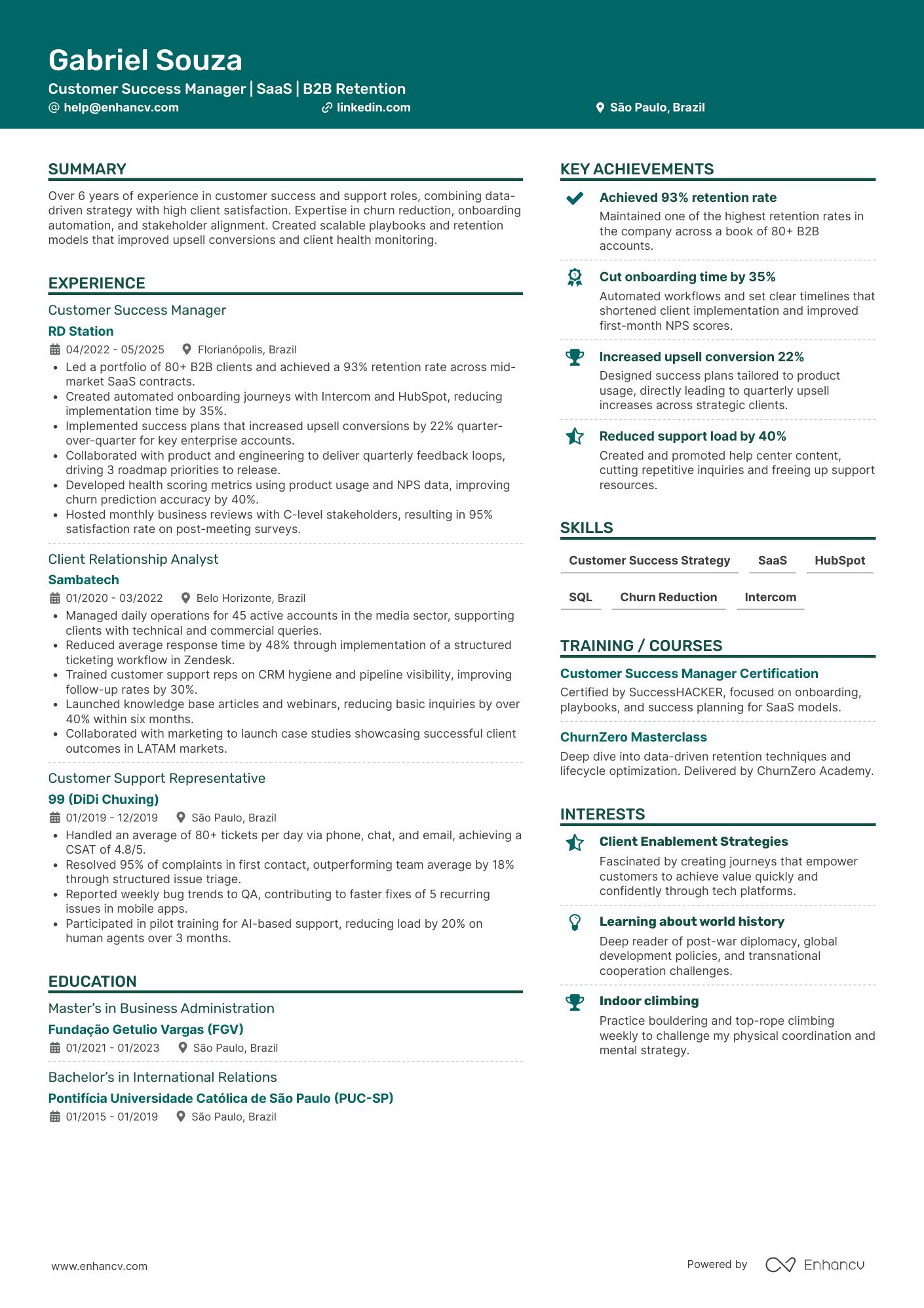 Customer Success Manager | SaaS | B2B Retention resume example