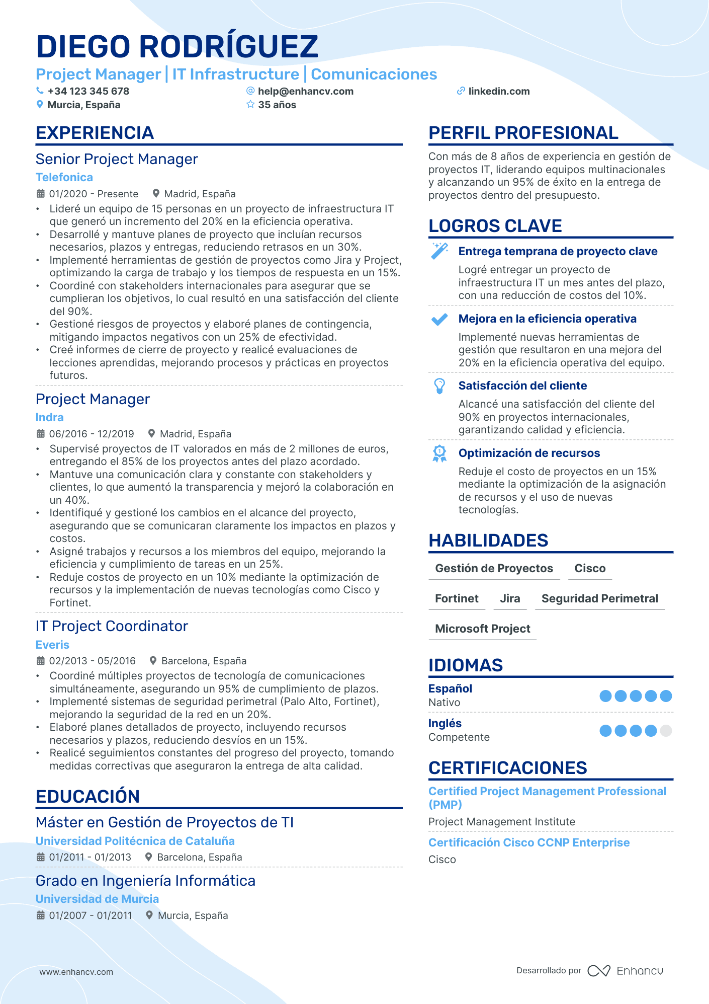 Project Manager | IT Infrastructure | Comunicaciones resume example