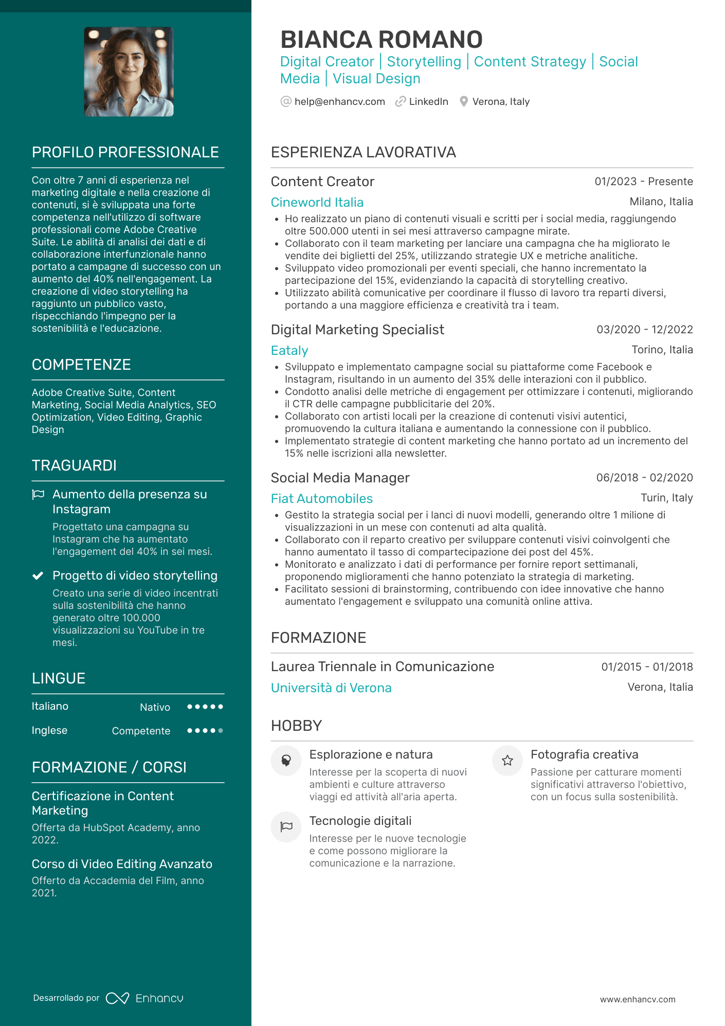 Digital Creator | Storytelling | Content Strategy | Social Media | Visual Design Esempio di CV