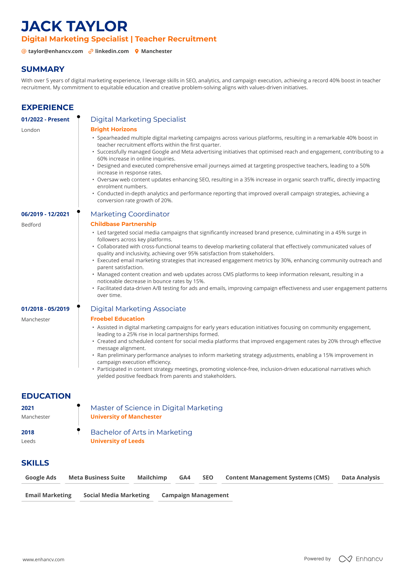Digital Marketing Specialist | Teacher Recruitment CV Example