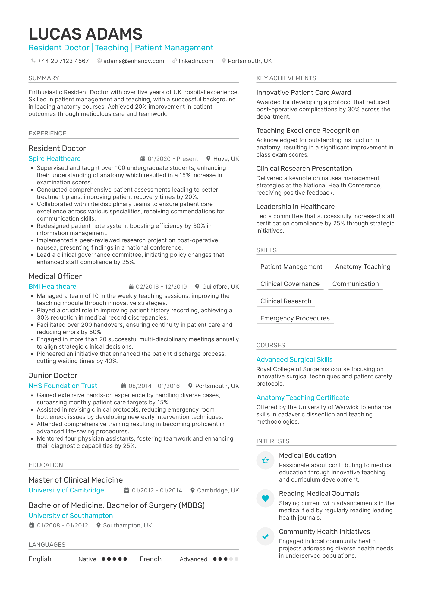 Resident Doctor | Teaching | Patient Management resume example