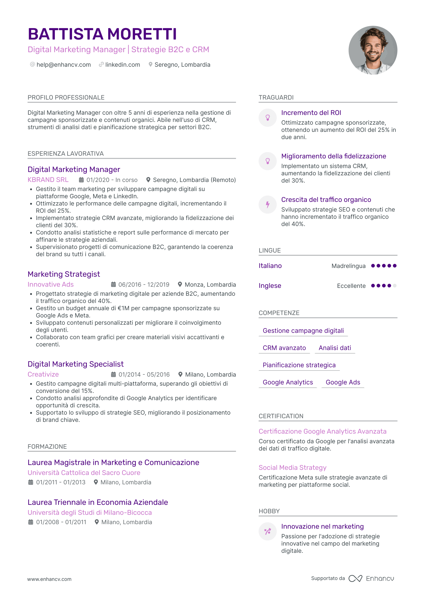 Digital Marketing Manager | Strategie B2C e CRM resume example