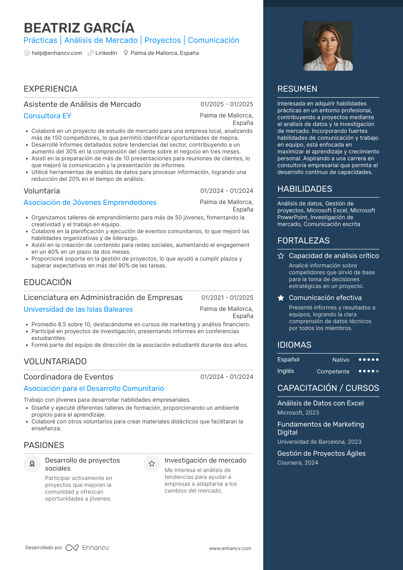 Prácticas | Análisis de Mercado | Proyectos | Comunicación Ejemplo de CV