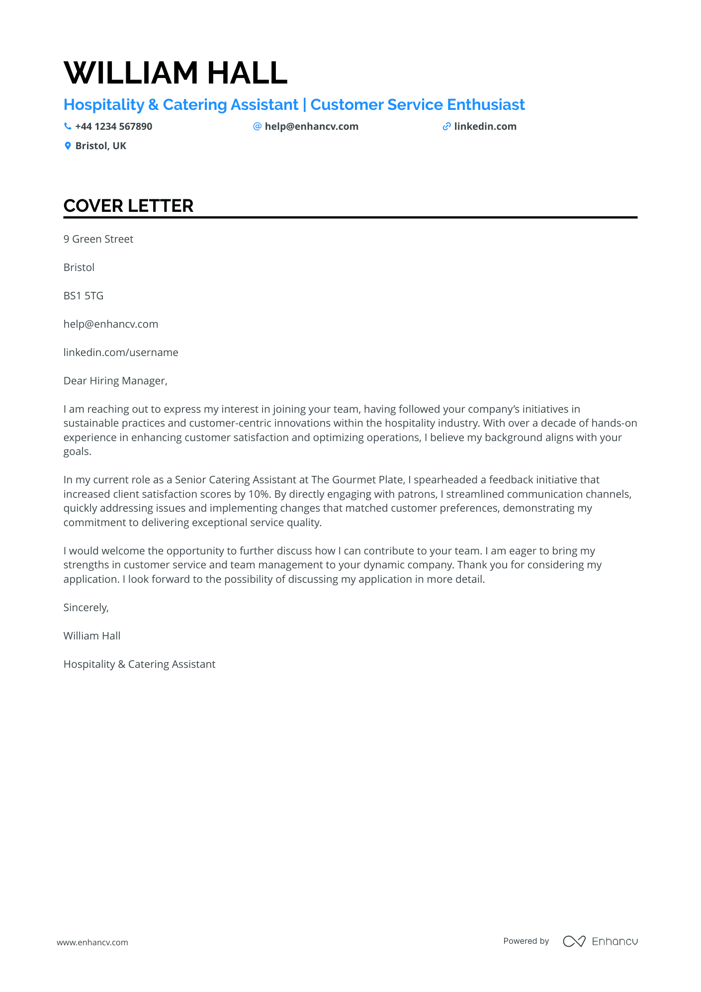 Hospitality cover letter example