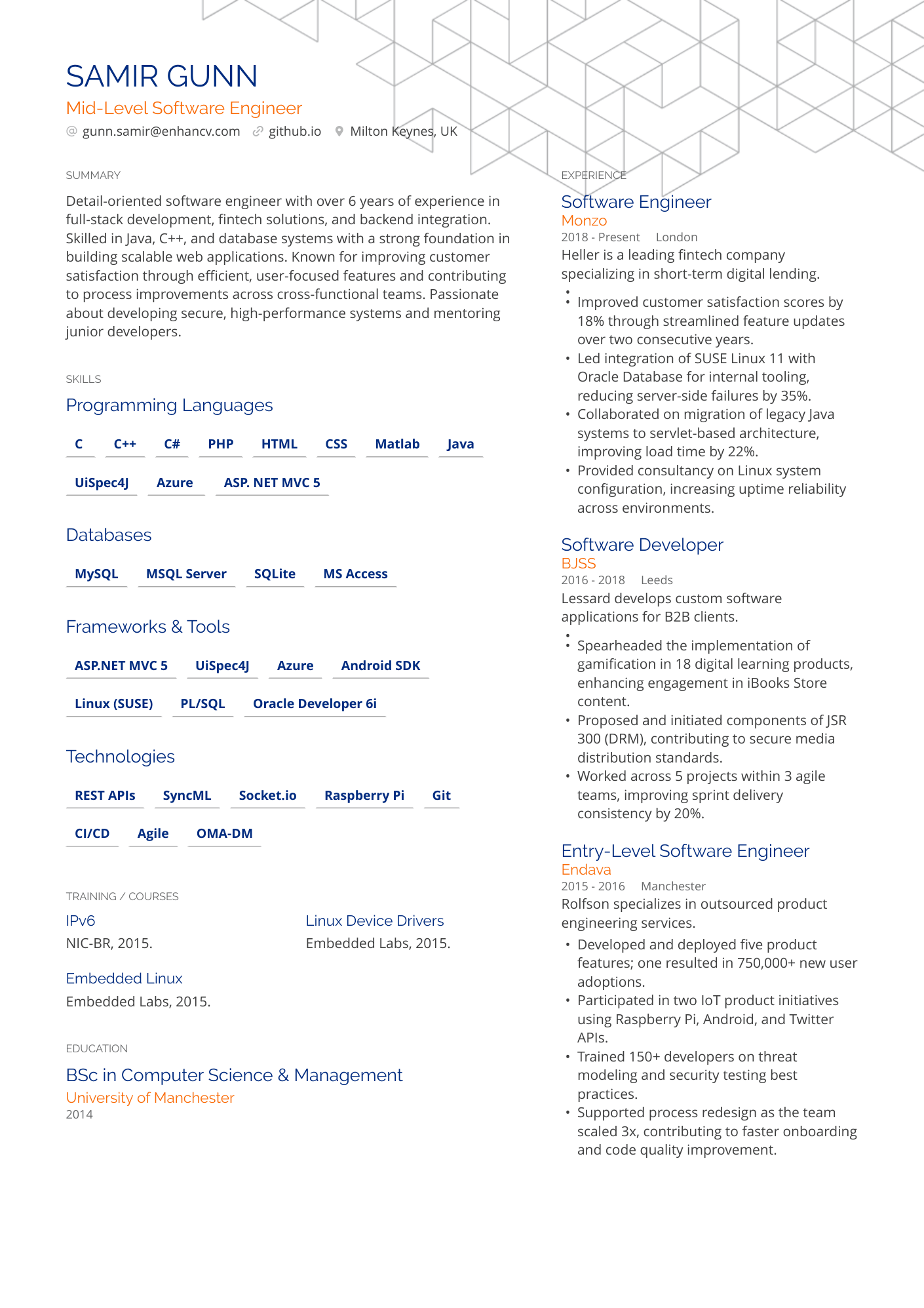 Mid Level Software Engineer resume example